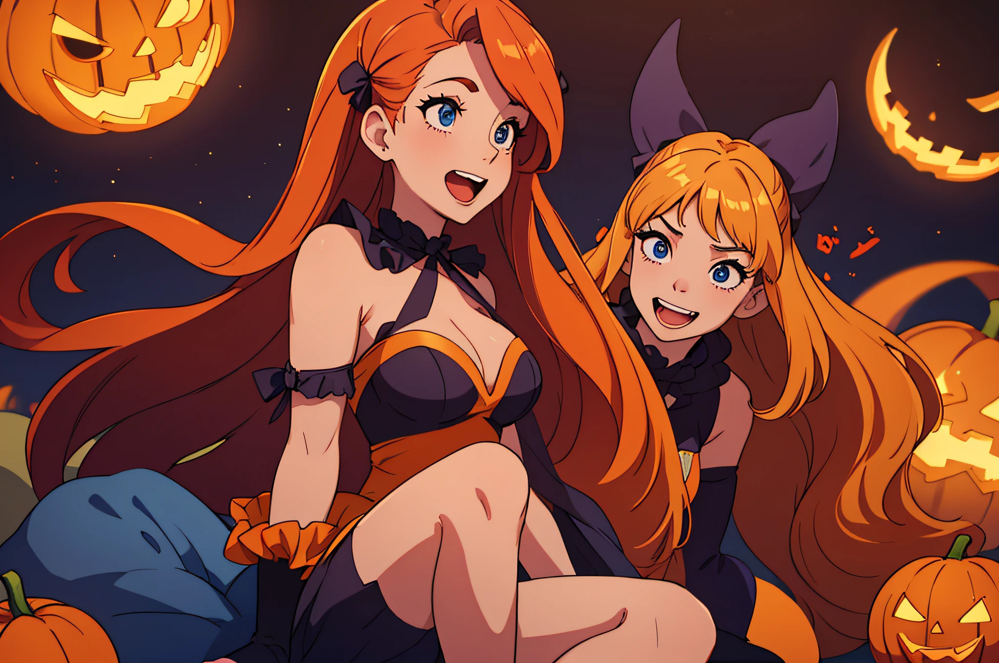 long hair, Halloween costume, ((beautiful woman, happy)), (((best quality, 8k)))