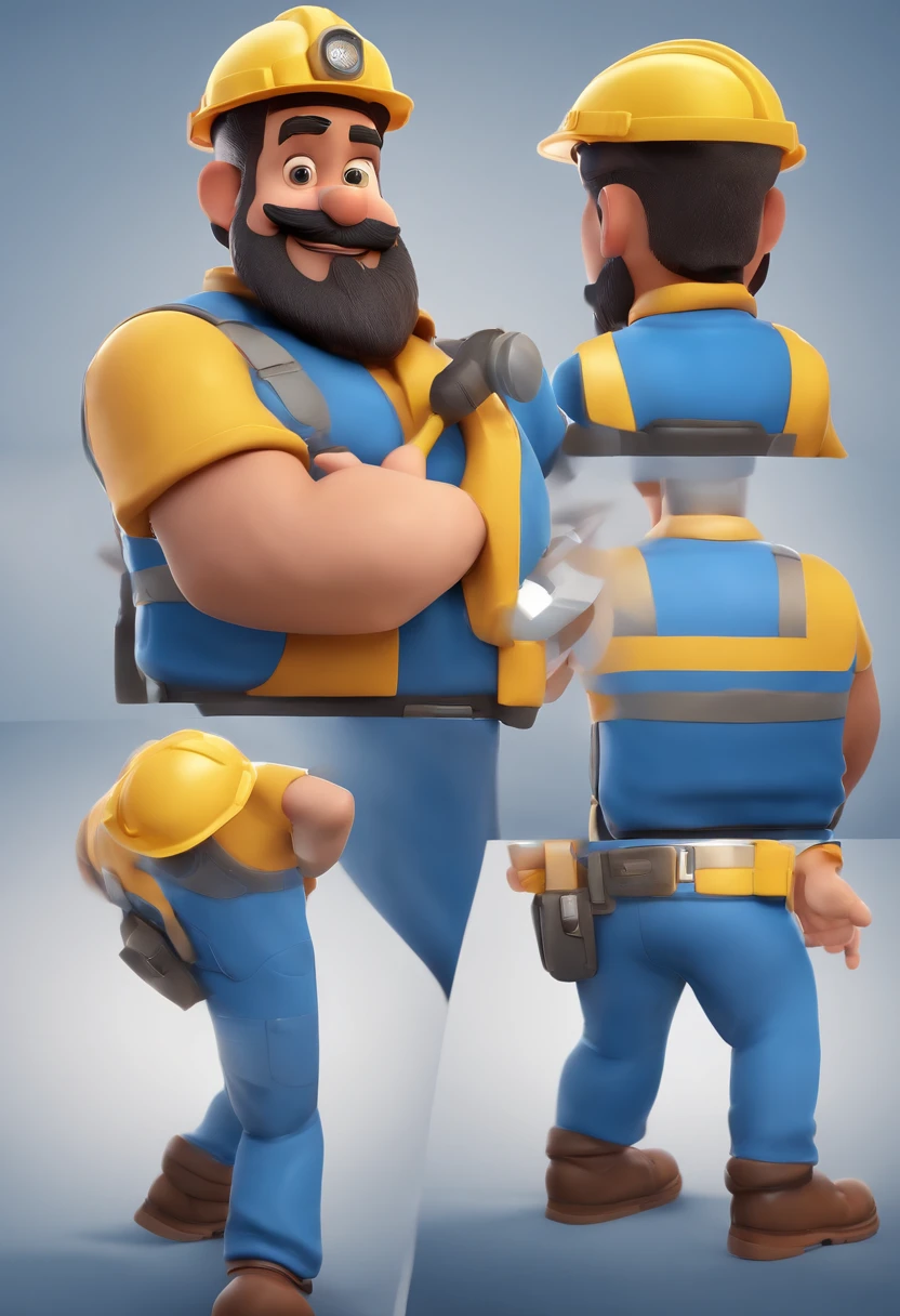 Cartoon character of a work safety technicianman with black beard, cabelo escuro e uma camisa azul, animation character, Caractere estilizado, animation style rendering, 3D estilizado, Arnold Maya render, 3 d render stylized, toon render keyshot, Personagem 3D, Personagem 3D, 3d rendering stylized, 3 d character render, personagem de desenho animado, Personagem de close up, Pose de personagem, (Estilo Pixar) (master part:1.2) (Bokeh) (best quality) (pele detalhada) (textura detalhada) (8k) (argila) (Cinematic lighting) (foco nítido