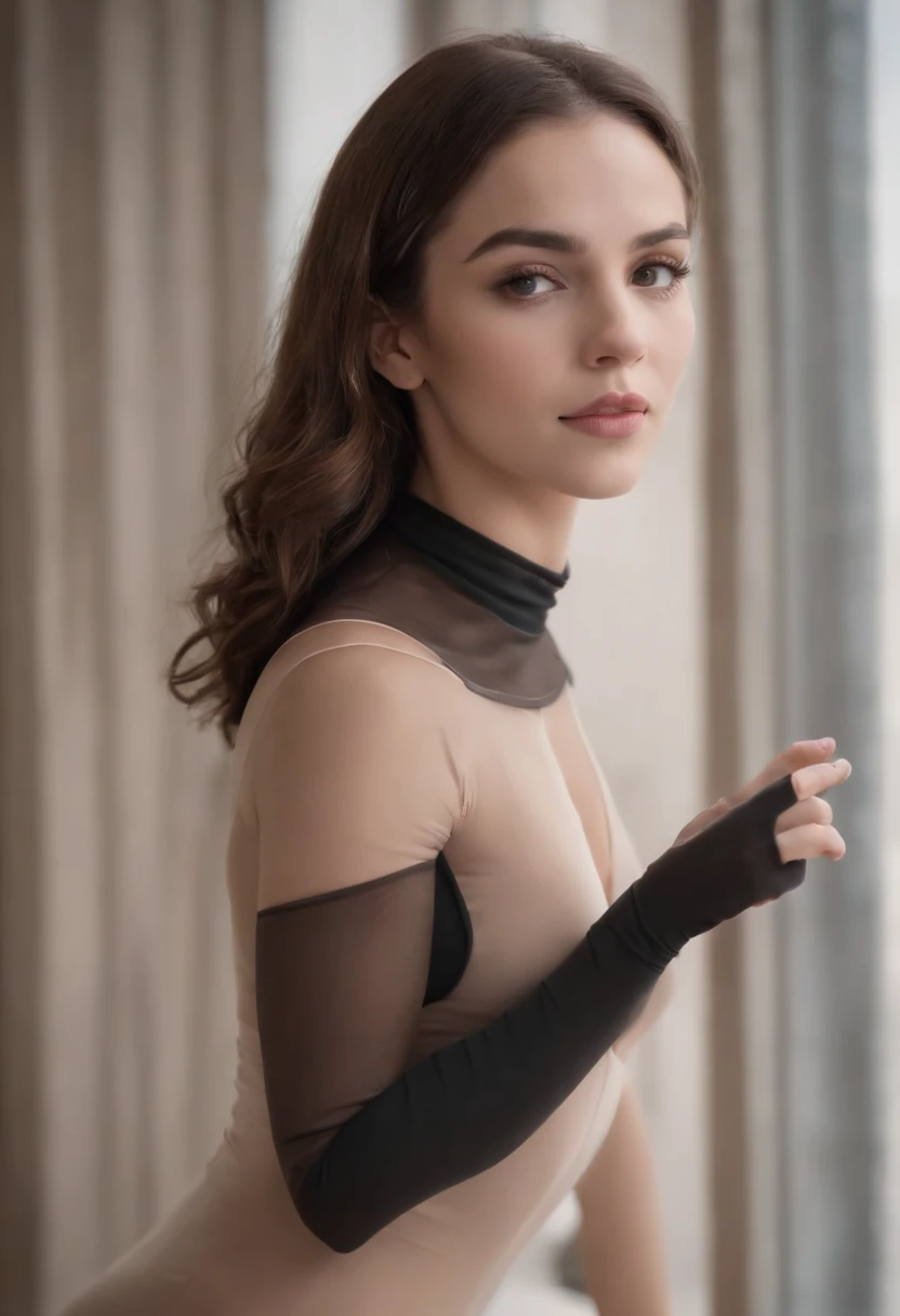 Hermosa mujer, 1 chica, Mujer de pelo blanco, solo cara, Pantimedias negras, Guantes negros, Sujetador deportivo, jewely, Muslos J. cana, Bits, asymmetric hair, (((Ropa ajustada, see through, camello, bodysuit)))