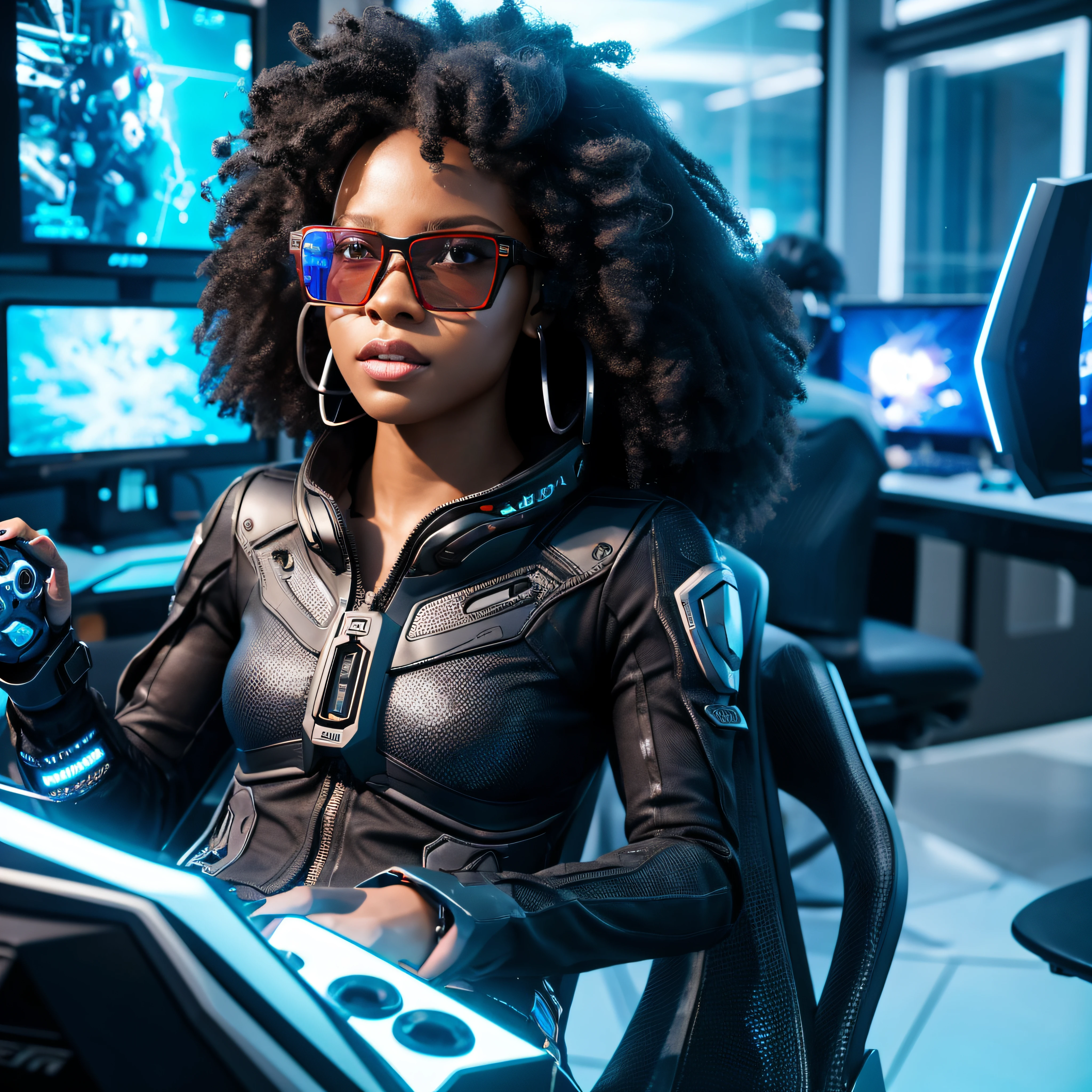 In the scene of a gamer scenario in 2080, a black woman with curly hair, wearing augmented reality glasses, is portrayed in its entirety. It stands out immersed in a futuristic and high-tech environment, full of elements from an advanced virtual reality gaming world. Her look and interaction with the environment convey a powerful and confident image, showing her as an active and involved player in the gaming world of the future.