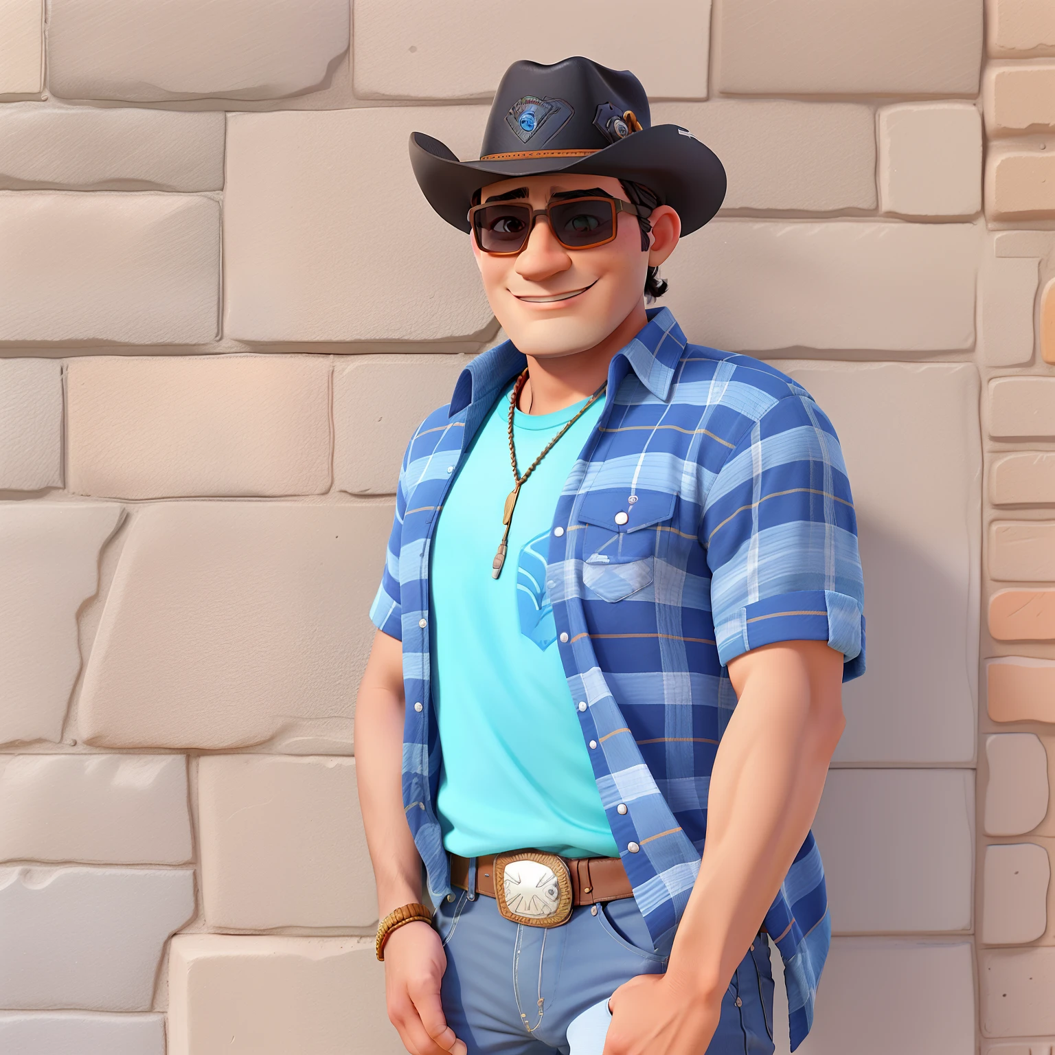 Araffe man in a cowboy hat and blue shirt standing in front of a brick wall, with sunglasses Cowboy style, wearing cowboy hat, Khyzyl Saleem, andres rios, Eloy Morales, Johnatan Wayshak, Vaqueiro, ramil sunga, wearing a cowboy hat, Vaqueiro retrato masculino, zigor samaniego, Tiro em Sony A 7