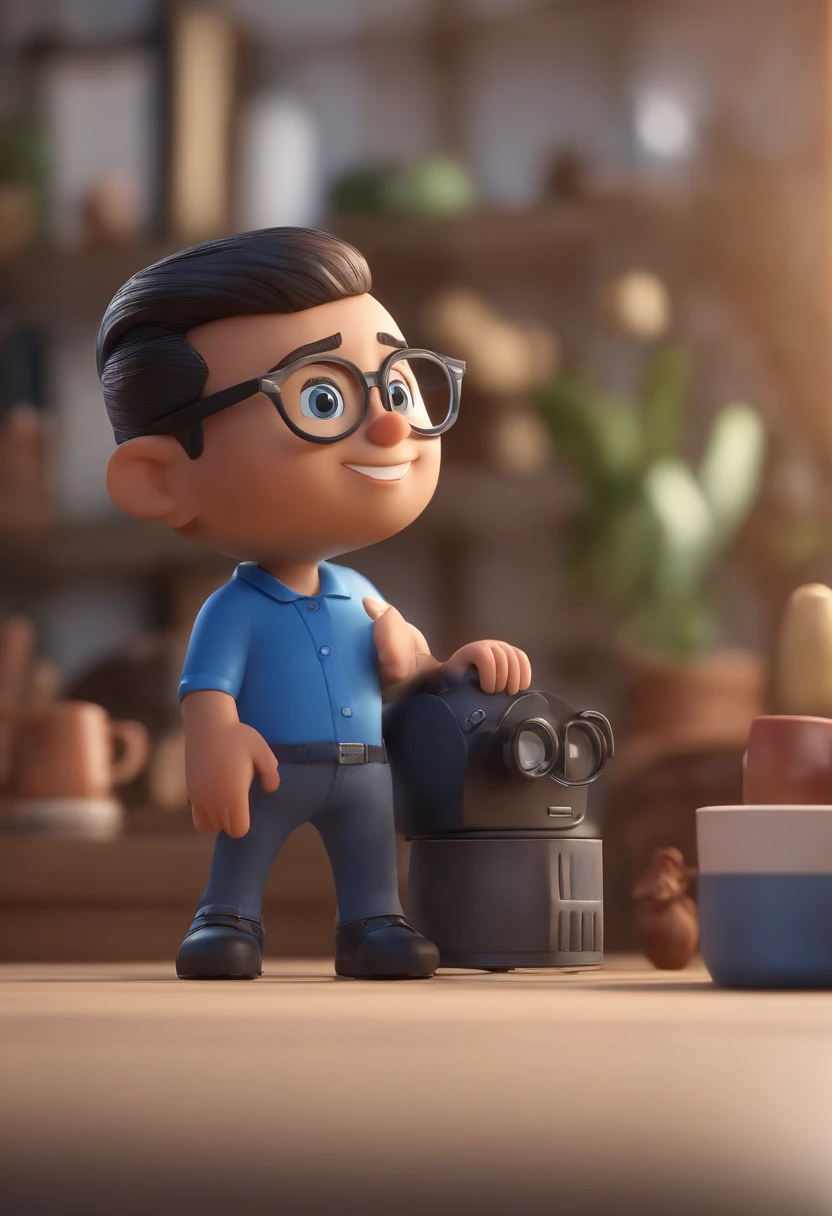 Cartoon character of a man wearing black glasses and a blue shirt, um personagem animado, Caractere estilizado, animation style rendering, 3D estilizado, Arnold Maya render, 3 d render stylized, toon render keyshot, Personagem 3D, Personagem 3D, 3d rendering stylized, 3 d character render, personagem de desenho animado, Personagem de close up, Pose de personagem, (Estilo Pixar) (master part:1.2) (Bokeh) (best quality) (pele detalhada) (textura detalhada) (8k) (argila) (Cinematic lighting) (foco nítido，Senta e vaza a parte superior do corpo