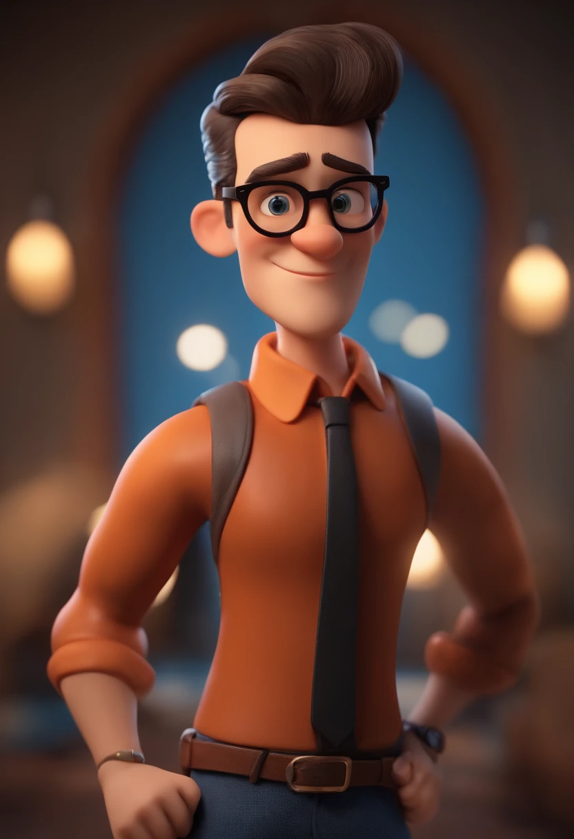 Cartoon character of a man wearing black glasses and a blue shirt, um personagem animado, Caractere estilizado, animation style rendering, 3D estilizado, Arnold Maya render, 3 d render stylized, toon render keyshot, Personagem 3D, Personagem 3D, 3d rendering stylized, 3 d character render, personagem de desenho animado, Personagem de close up, Pose de personagem, (Estilo Pixar) (master part:1.2) (Bokeh) (best quality) (pele detalhada) (textura detalhada) (8k) (argila) (Cinematic lighting) (foco nítido,Senta e vaza a parte superior do corpo