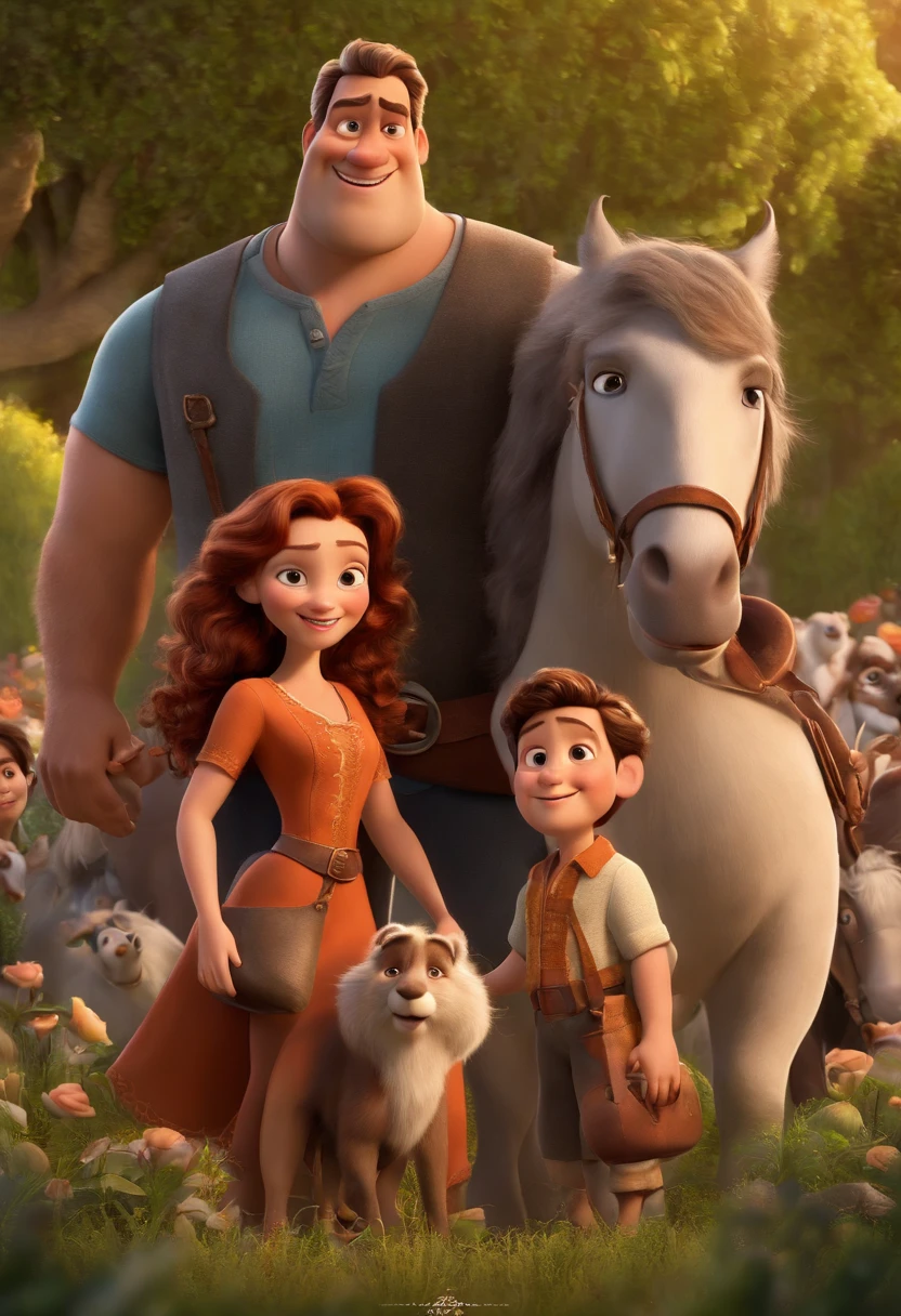 a Disney Pixar movie poster showing a white-skinned family. The father is the tallest, Tem barba curta, loiro, cabelos curtos e espinhosos. The mother has brown eyes and hair, shoulder-length and is slightly overweight. A tem 4 anos e cabelos castanhos, roupa rosa e rabos de cavalo. The background is a beach garden. 3D-rendering