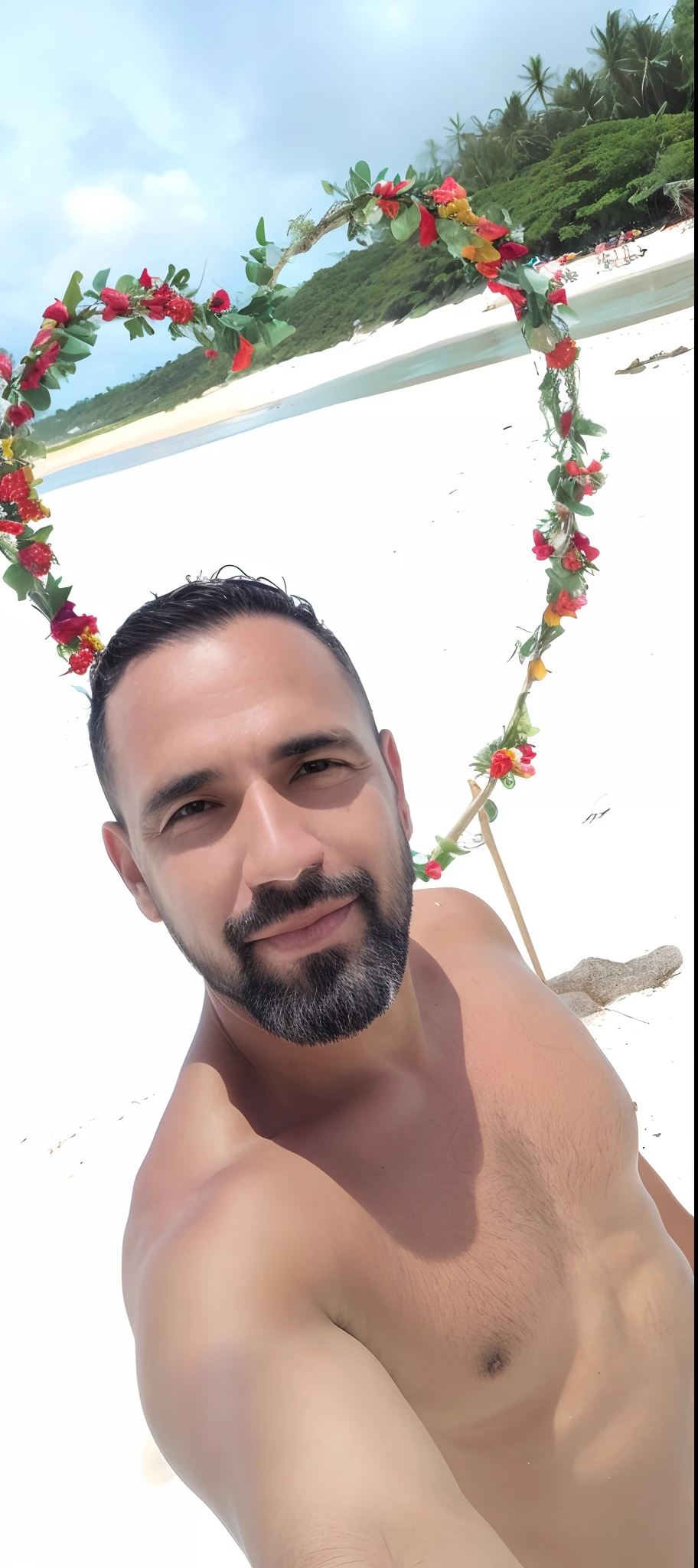 There's a man with a wreath on his head on the beach, Homem de 4 0 anos, Homens de 45 anos, cerca de 3 5 anos, imagem de perfil, na praia, em uma praia tropical, vacation photo, foto de praia, 38 anos, caio santos, na praia, 3 2 anos, Fotografia selfie 8k
