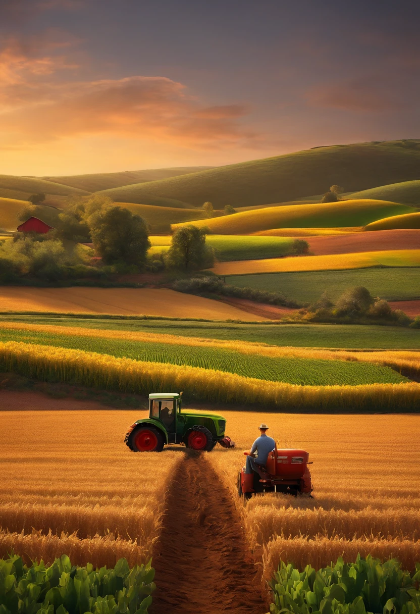 Desenho estilo 3D Pixar de um homem agricultor na colheita do trigo em um campo com relevo