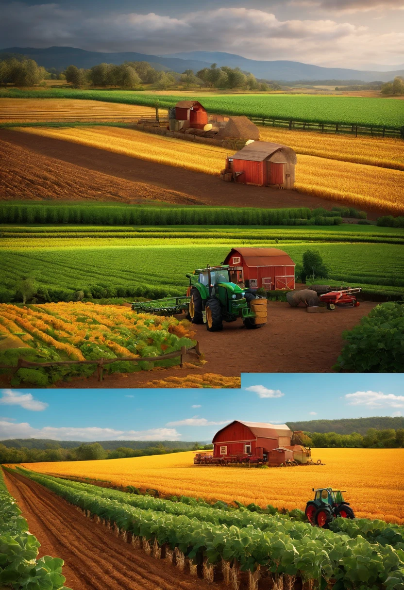 Desenho estilo 3D Pixar de um homem agricultor na colheita do trigo em um campo com relevo