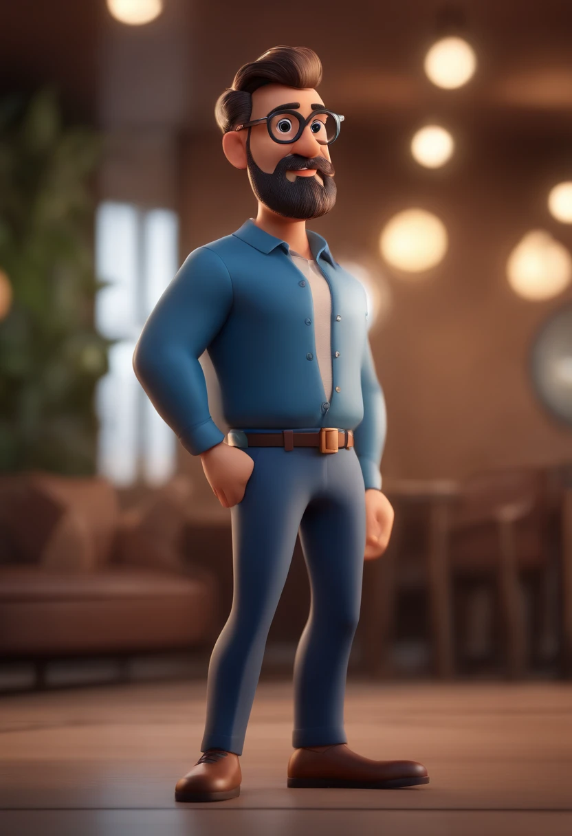 Cartoon character of a man with beard with black glasses and a blue shirt, animation character, Caractere estilizado, animation style rendering, 3D estilizado, Arnold Maya render, 3 d render stylized, toon render keyshot, Personagem 3D, Personagem 3D, 3d rendering stylized, 3 d character render, personagem de desenho animado, Personagem de close up, Pose de personagem, (Estilo Pixar) (master part:1.2) (Bokeh) (best quality) (pele detalhada) (textura detalhada) (8k) (argila) (Cinematic lighting) (foco nítido