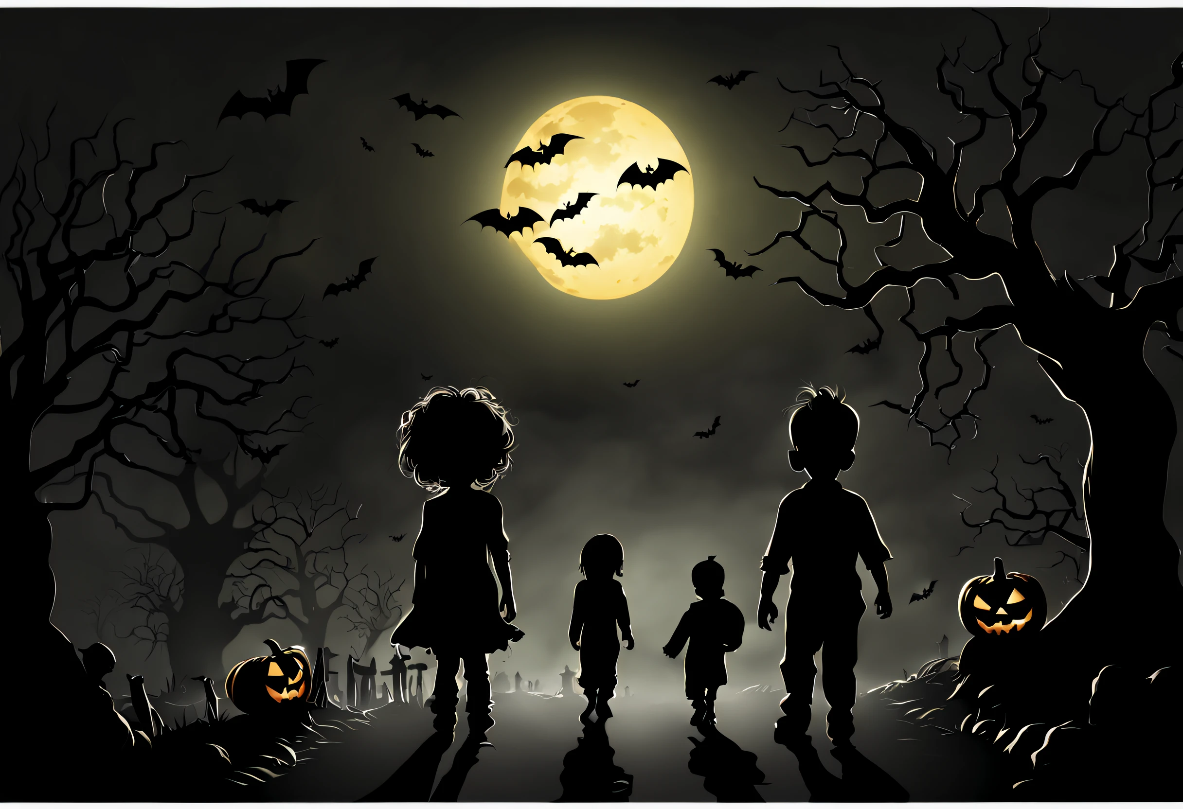 (best quality, 4k, 8k, high resolution, masterpiece: 1.2), ultra detailed, (realistic, photorealistic, photorealistic: 1.37), (Halloween illustration: 1.2), Halloween scene with silhouettes of children and full moon, Halloween , halloween scene, (halloween theme, trick or treat:1.3), halloween night, halloween atmosphere, halloween celebration, spooky halloween night, spooky theme, edited, spooky halloween fun, scary creatures in the background, 2 d, 2d, halloween wallpaper with ghosts, for kids, spooky and scary atmosphere,