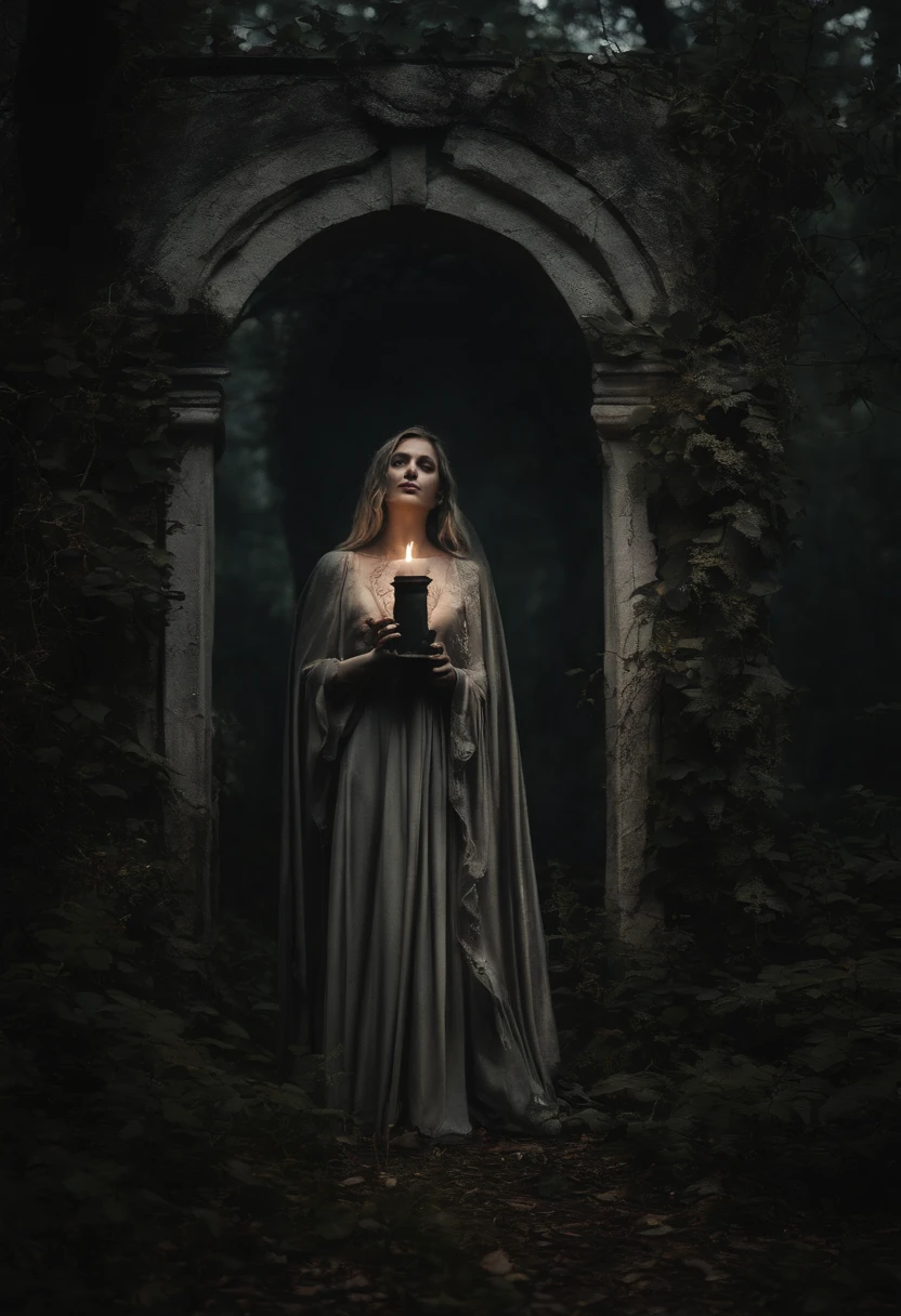 A girl holding a candle,wrapped in a thick, dark cloak,standing in the middle of an abandoned,overgrown garden.The girl's eyes are filled with mystery and her lips are slightly curled, as if hiding a secret. The candle emits a soft, flickering light, casting eerie shadows on the cracked ground and decaying statues scattered throughout the garden. The atmosphere is hauntingly beautiful, with a surreal touch, as if it belongs to a scene from a Gothic horror movie. The overall image has a vintage, film-like quality, with a slightly desaturated color palette and a hint of graininess, reminiscent of classic black and white films. The lighting is dim, yet dramatic, with subtle highlights and shadows, enhancing the mysterious ambiance.