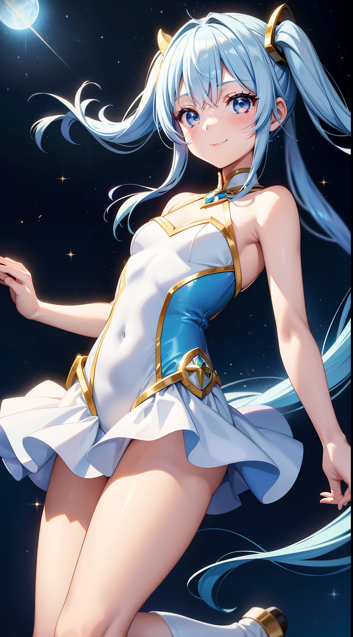 Super Idol tiny girl A charming smile sky blue hair length hair Twin-tailed Glittering white, Blue and yellow leotards facing front Mystical Fantasia constellation a moon Crystal Brilliance Aurora Borealis in the Night Sky