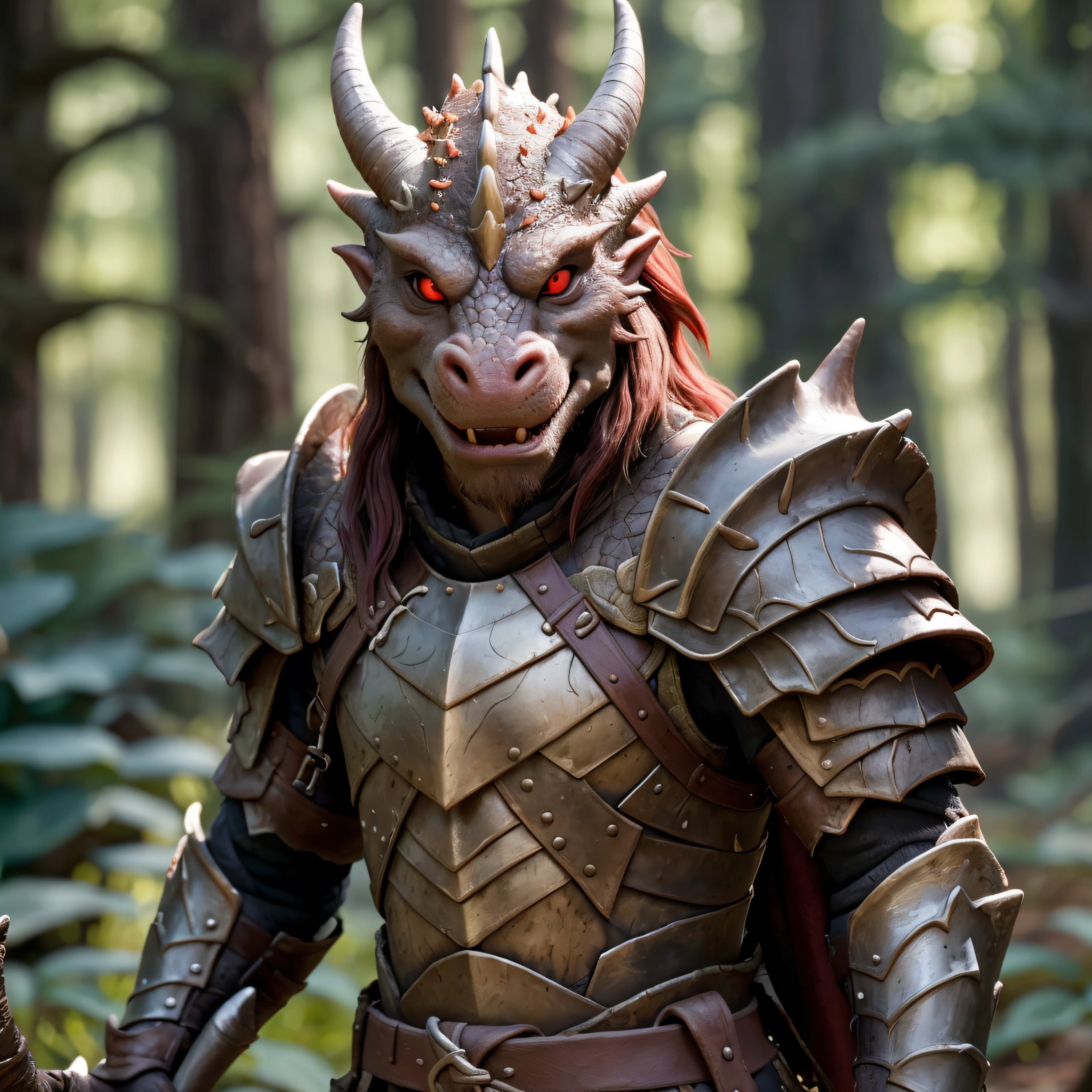 highly detailed portrait photo of a (dragonkin):1.2 in a dark dense forest,

dragonkin, solo, long hair, red eyes, weapon, male focus, horns, sword, armor, blurry, blurry background, helmet, shoulder armor, gauntlets, pauldrons, full armor,

in a dark dense tree filled temperate forest,

depth of field:1.2, blurry, blurry background,
realistic:1.3,

photorealistic,
fantasy, cinematic,
32k, best quality, 
god rays:1.2,
dappled sunlight:1.1,