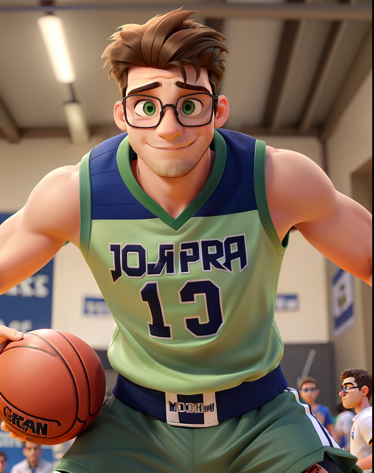 Um cara alto, cabelo medio longo, usa oculos, olhos verdes, homem, jogando basquete
