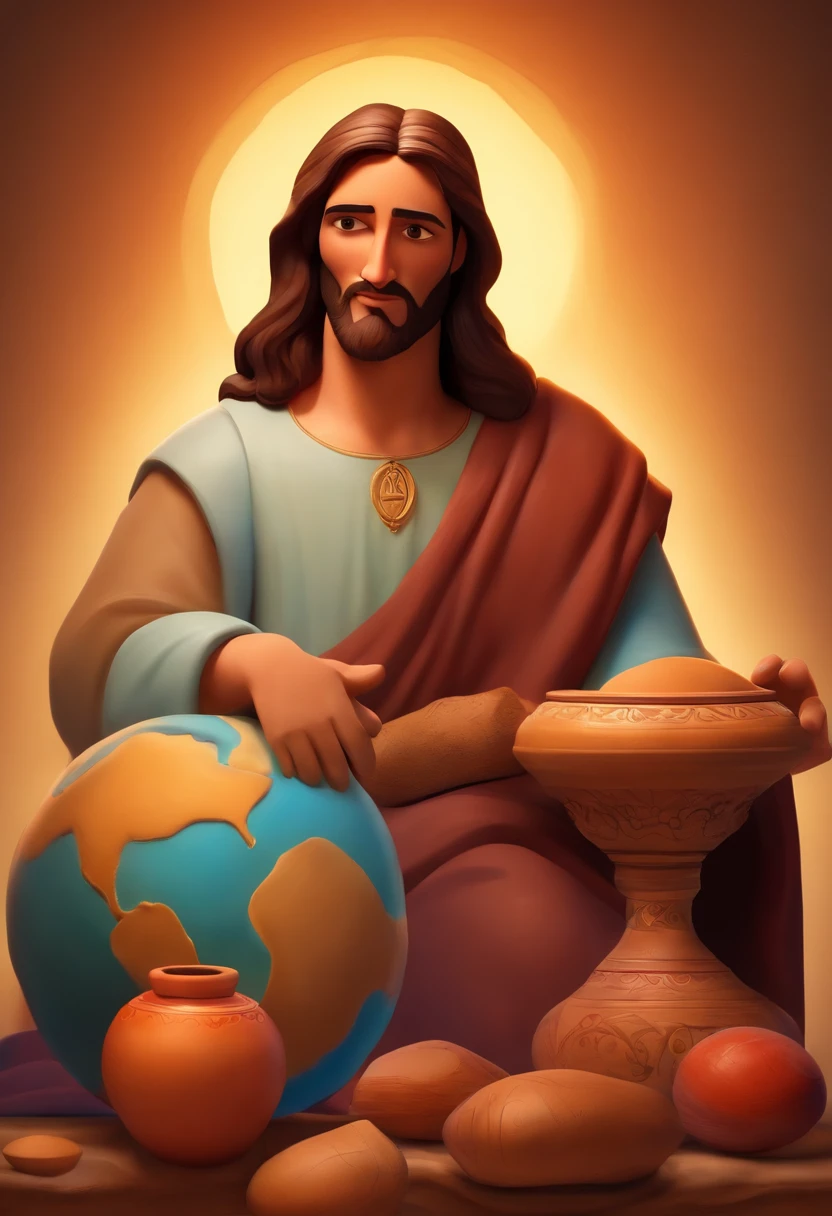 Create Disney pixar style Jesus, with a broken clay vase in his left hand and a new clay vase in his right hand looking straight ahead.