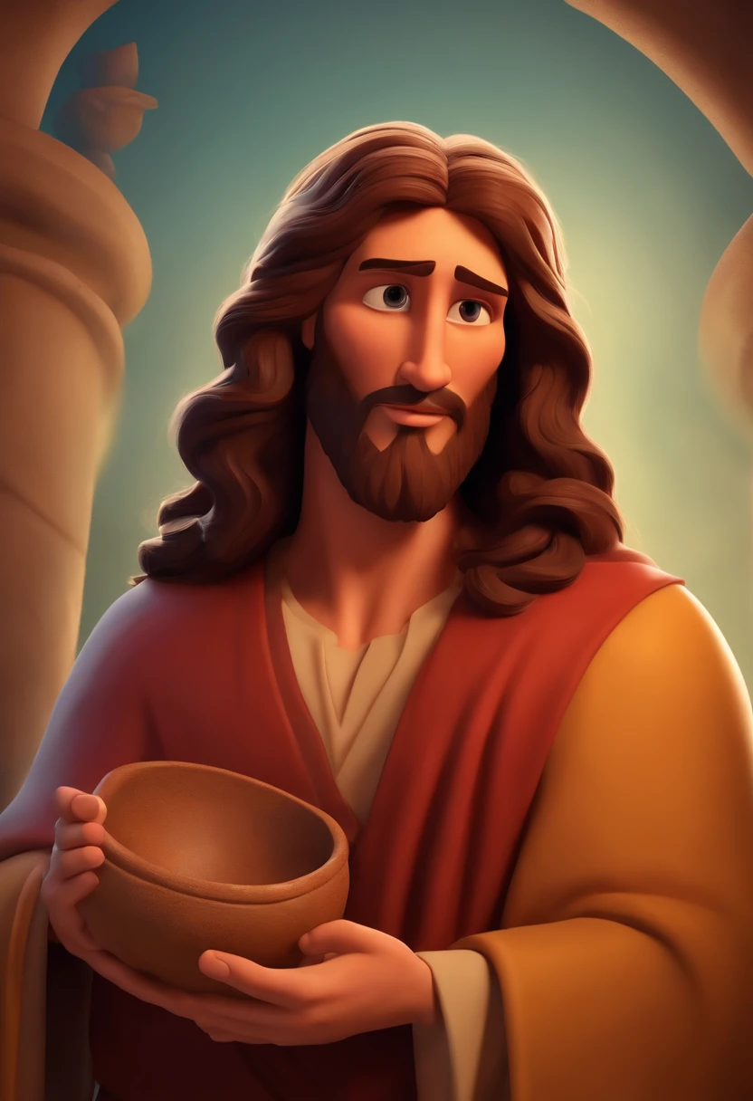 Create Disney pixar style Jesus, with a broken clay vase in his left hand and a new clay vase in his right hand looking straight ahead.