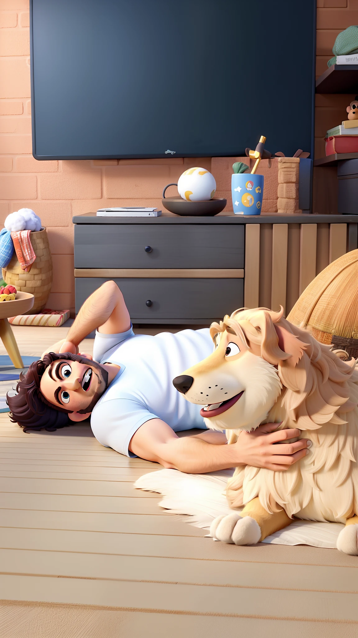 Man lying on the ground, big hair and beard next to a Golden dog in Disney Pixar style, alta qualidade, melhor qualidade.