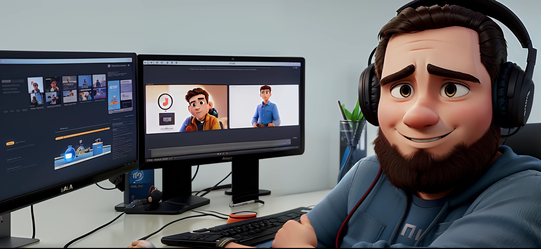 A man with a headphone jack in disney pixar style, alta qualidade, melhor qualidade