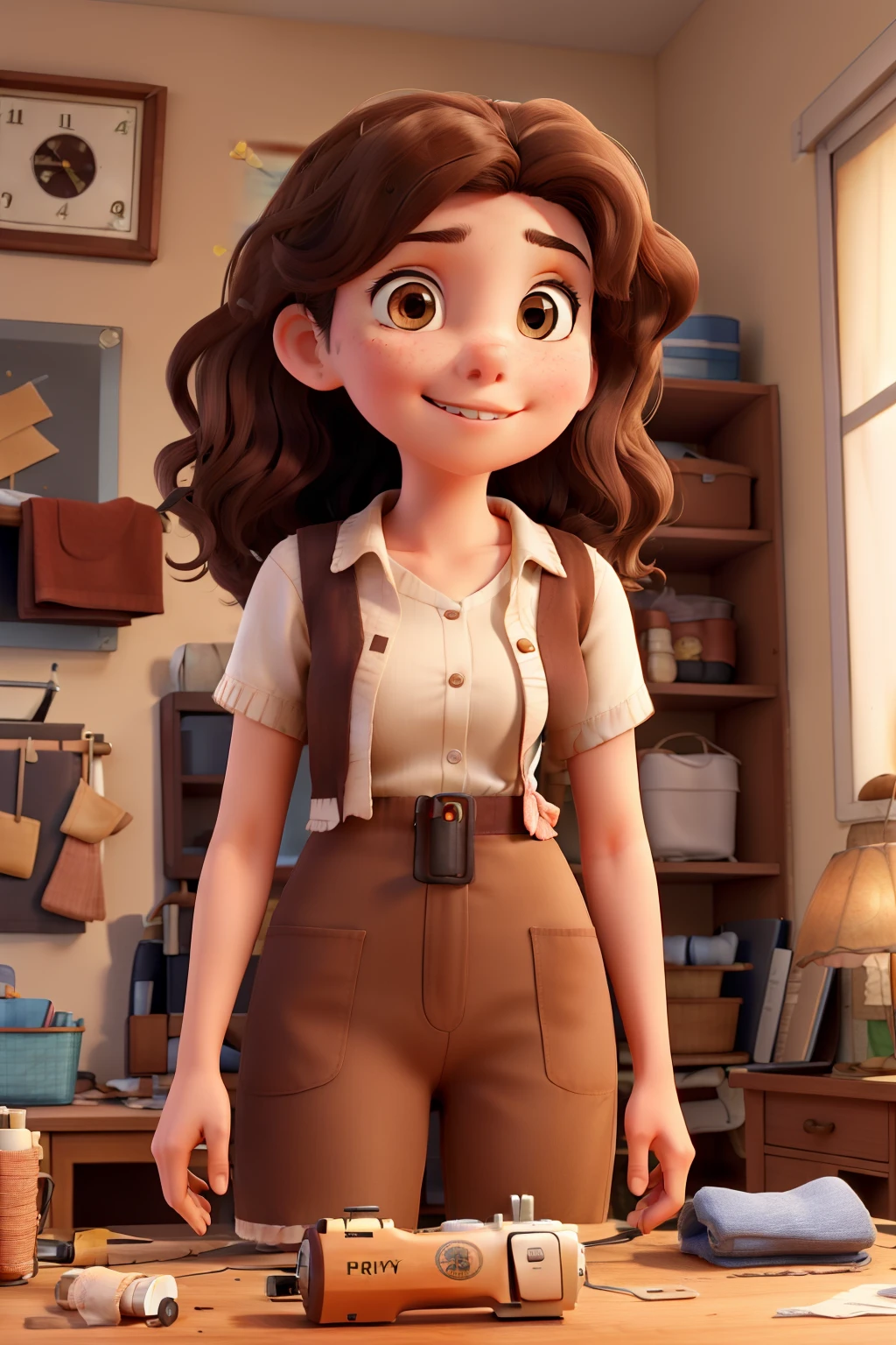 I'm a 20 year old woman who has wavy brown hair and brown eyes and I'm brown and I work with a sewing machine and children's bows