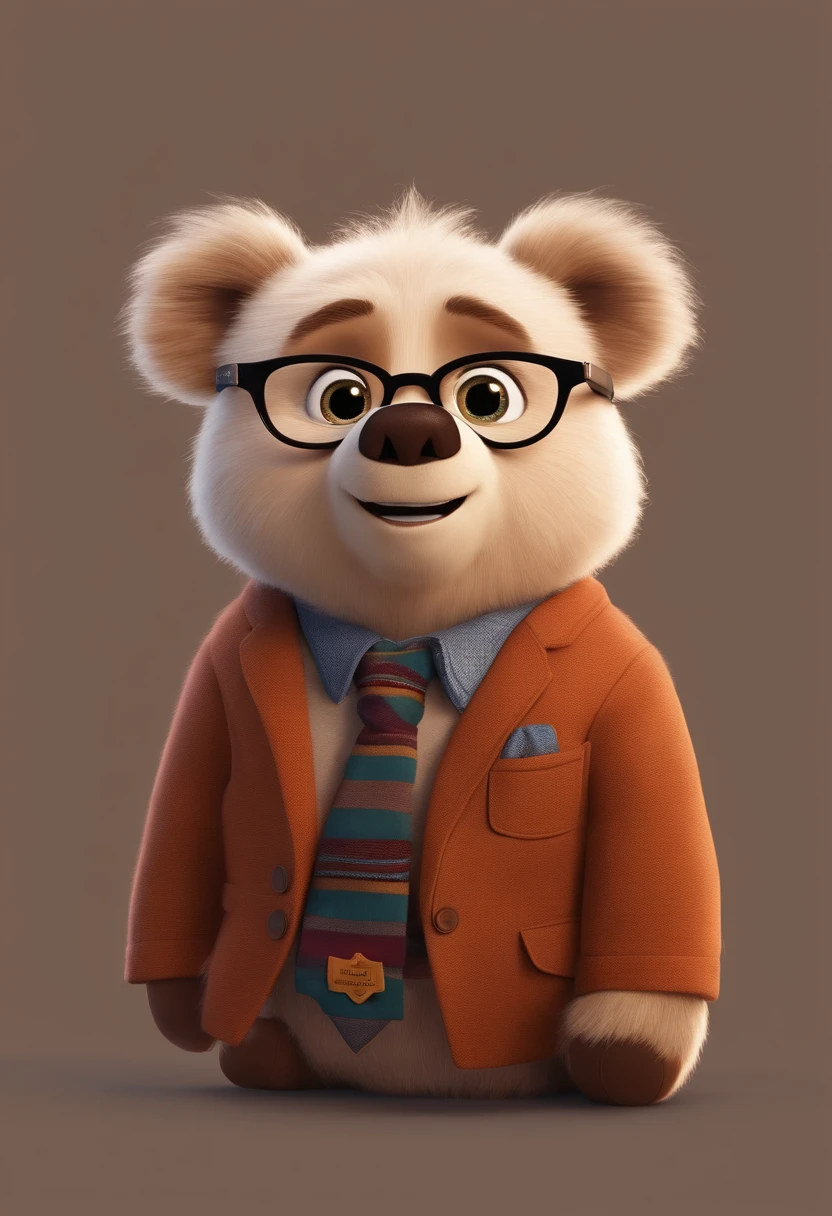 estilo desenho animado, Pixar, wearing round glasses, segurando um urso de pelucia, roupa de escoteiro,