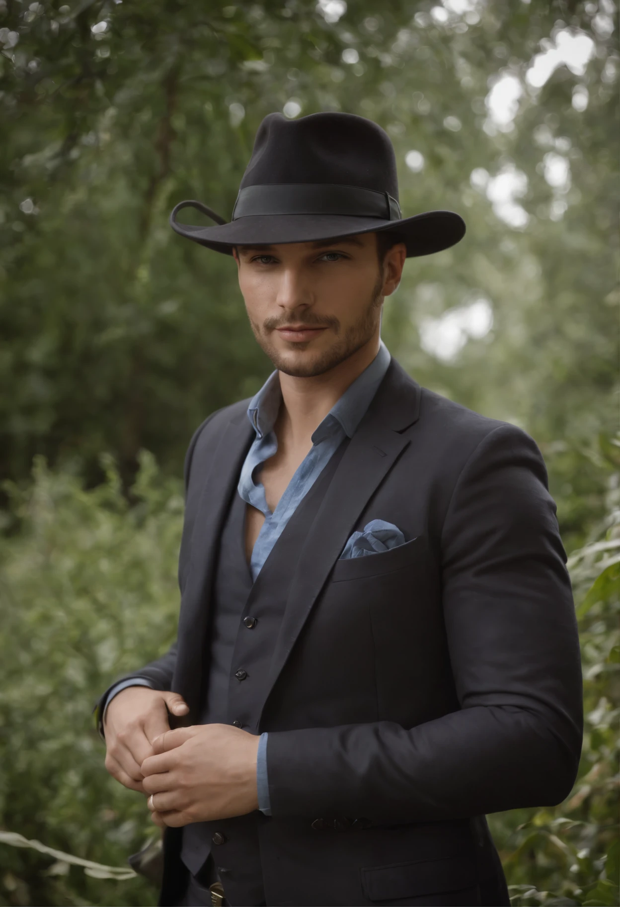 There is a man with a hat when posing for a photo, inspirado em Ludovit Fulla, Avatar do Second Life, Gorjetando seu fedora, inspirado em Luca Zontini, bonito impressionante realista, inspirado em Maximilian Cercha, Christian, inspirado em Ramon Pichot, inspired by Kristian Kreković, inspirado em Adam Dario Keel, chilled out smirk on face