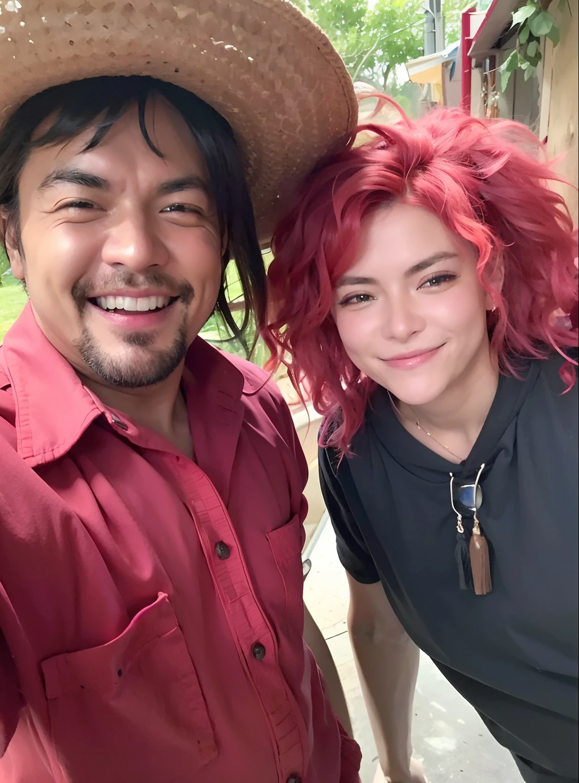 Smiling man and woman with red hair and a straw hat, medium shot of two characters, com olhos assombrados e cabelos malucos, imagem de perfil, com um parceiro pirata do sexo masculino, imagem do avatar, red ronald mcdonald messy hair, both smiling for the camera, wearing a silly hat, foto do snapchat, Mars Ravelo e Greg Rutkowski, foto do perfil, muito bobo olhando, dois personagens