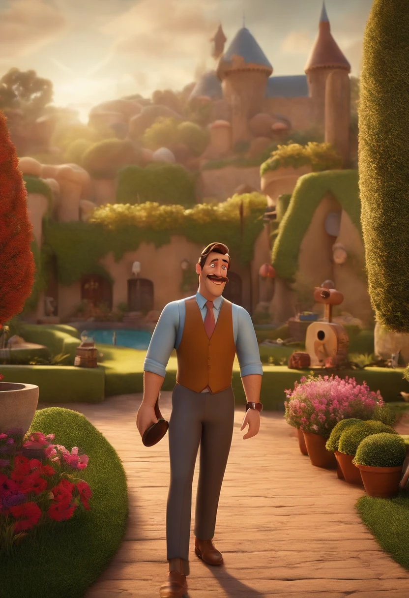 um homem, forte, careca, olhos castanhos, de terno e gravata, A music studio in the background, Imagem no estilo Pixar, Estilo de filme animado 3D, Disney, feliz, 40 anos, sem barba, elegante