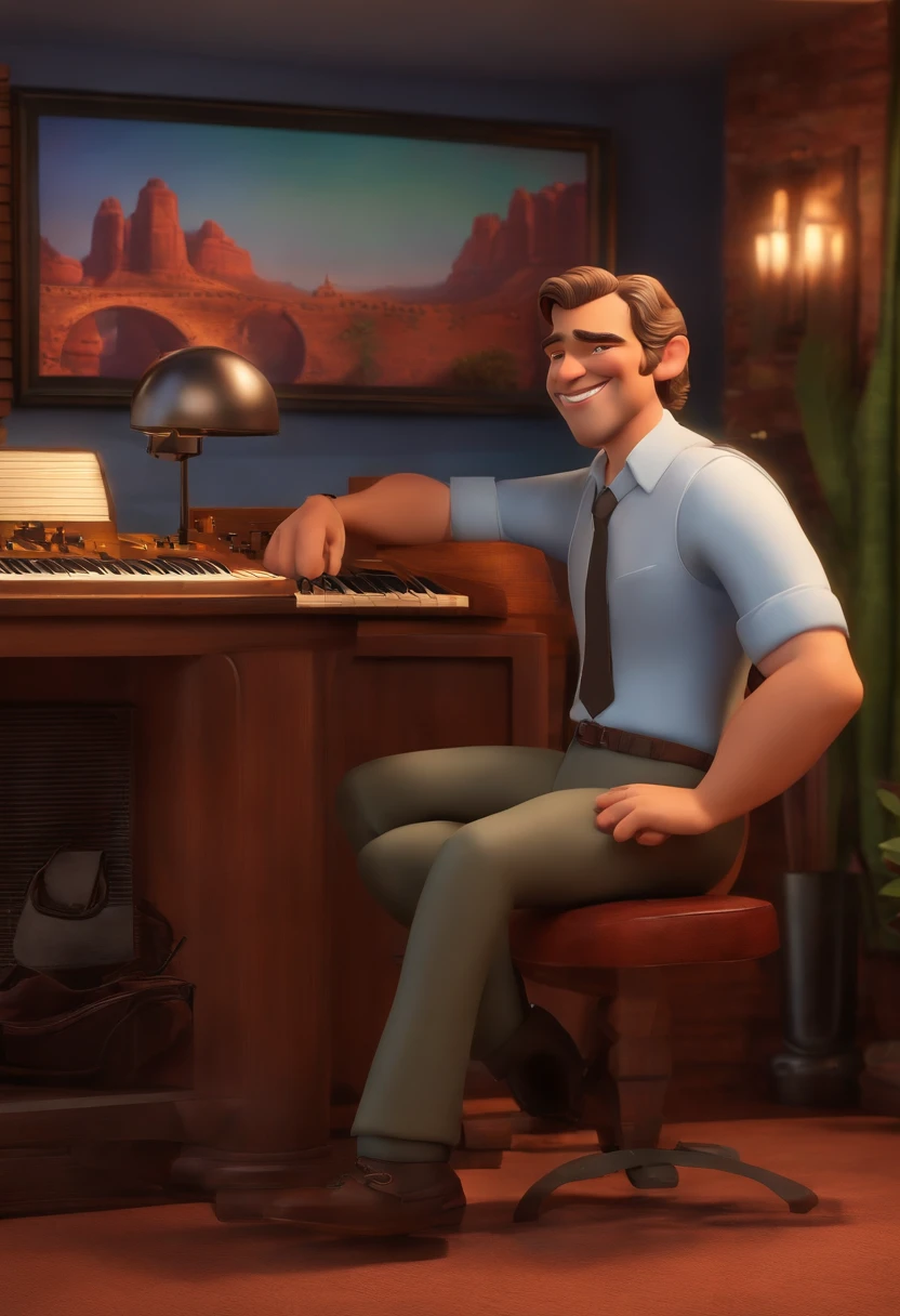 um homem, forte, careca, olhos castanhos, de terno e gravata, A music studio in the background, Imagem no estilo Pixar, Estilo de filme animado 3D, Disney, feliz, 40 anos, sem barba, elegante