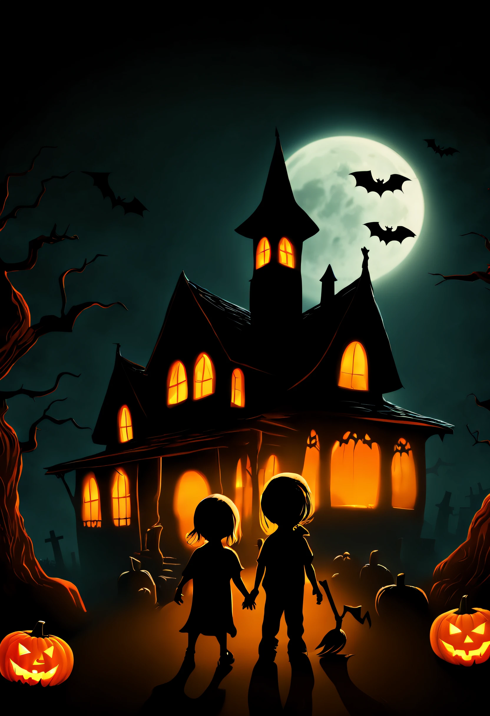 (best quality, 4k, 8k, high resolution, masterpiece: 1.2), ultra detailed, (realistic, photorealistic, photorealistic: 1.37), (Illustration of a Halloween story: 1.2), Halloween scene with silhouettes of children and moon full, halloween, halloween scene, (halloween theme, trick or treat: 1.3), halloween night, halloween atmosphere, halloween celebration, spooky halloween night, spooky theme, edited, spooky halloween fun, scary creatures in the background, 2d, 2d, Halloween wallpaper with ghosts, for kids, spooky and scary atmosphere,