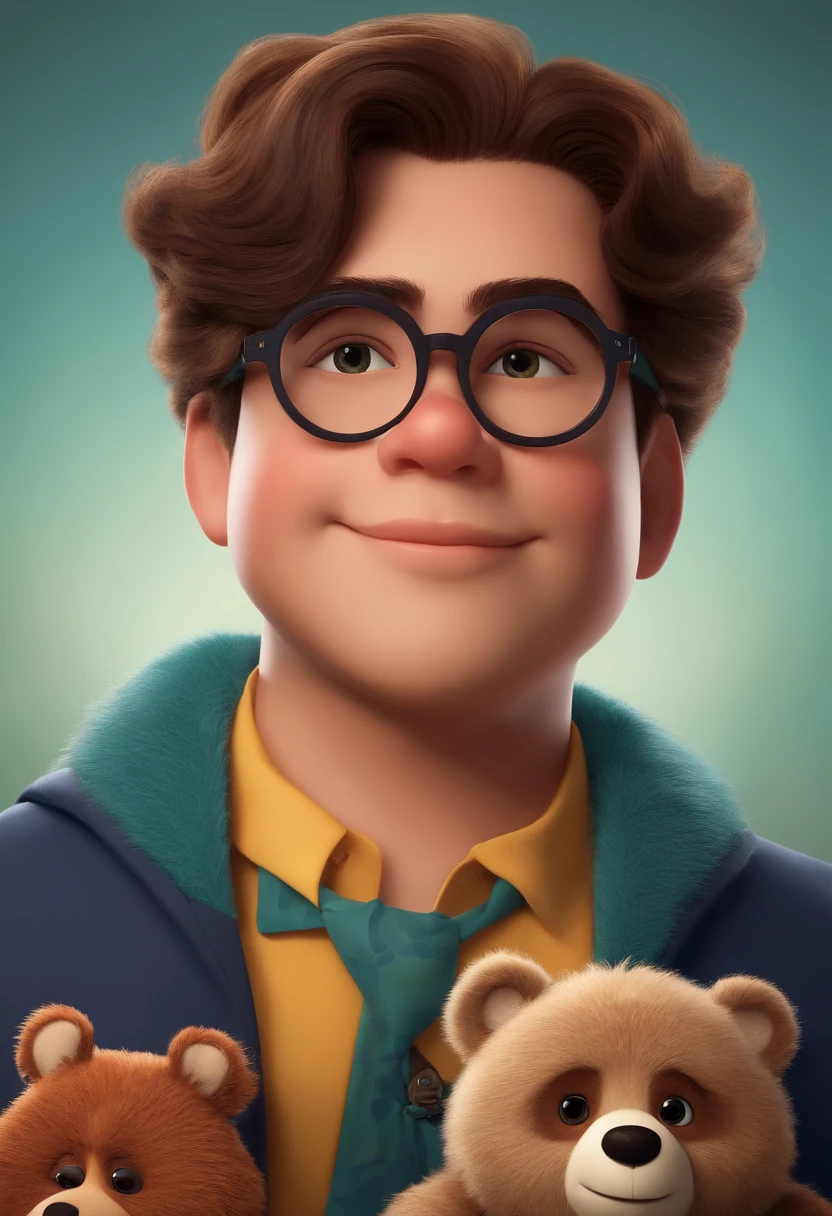 ****** estilo desenho animado, Pixar, wearing round glasses, segurando um urso de pelucia, roupa de escoteiro,