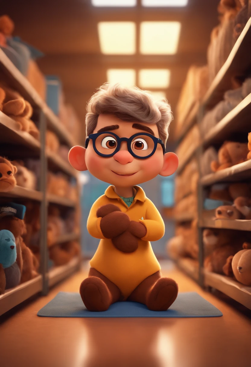 Menino estilo desenho animado, Pixar, wearing round glasses, segurando um urso de pelucia, roupa de escoteiro,