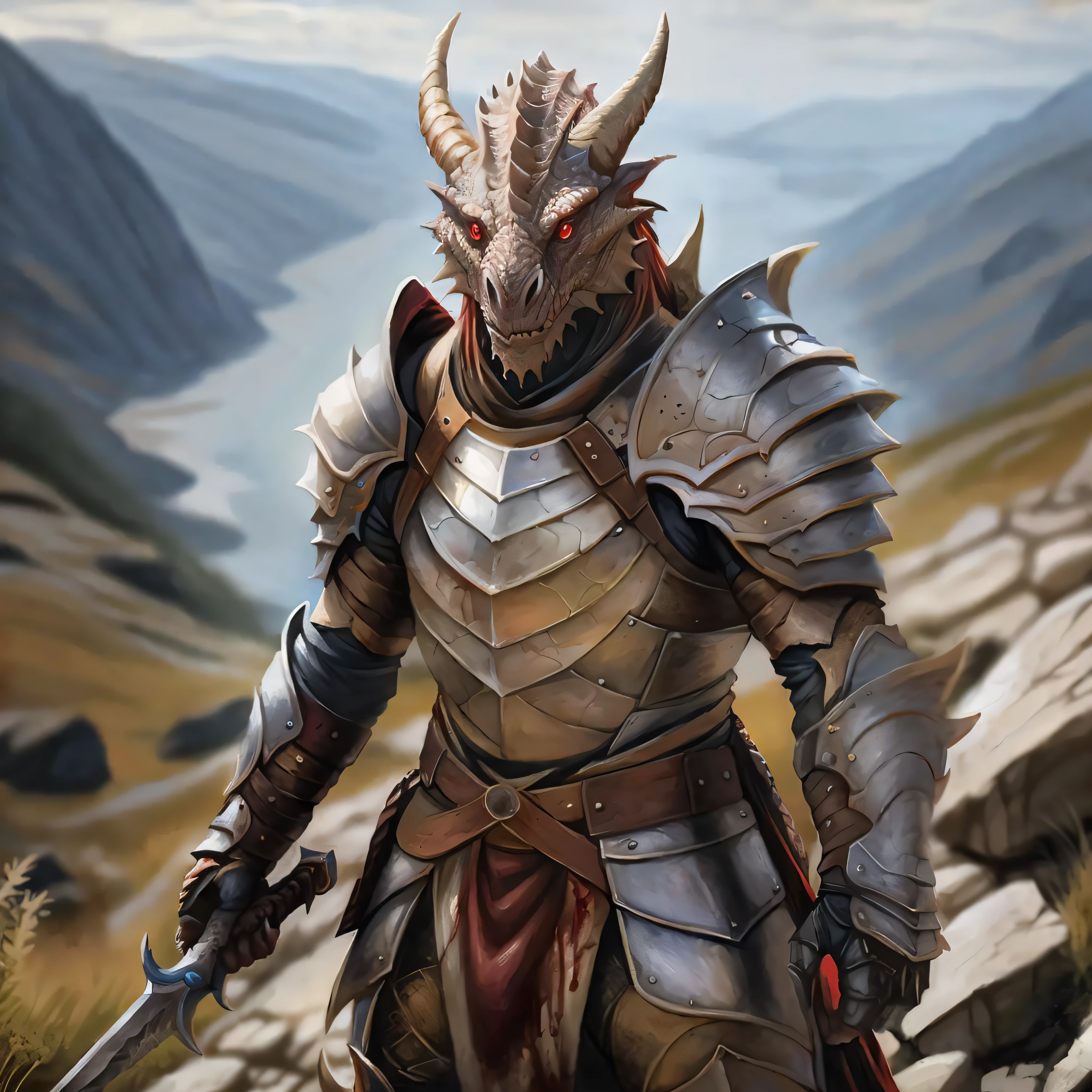 highly detailed photo of a (dragonkin):1.2 in a mountainside,

dragonkin, solo, red eyes, holding, weapon, horns, sword, holding weapon, armor, blood, holding sword, shoulder armor, gauntlets, pauldrons, full armor,

in a mountain pass with rocks and stones,

depth of field:1.2, blurry, blurry background,
realistic:1.3,

photorealistic,
fantasy, cinematic,
32k, best quality, 
god rays:1.2,
dappled sunlight:1.1,