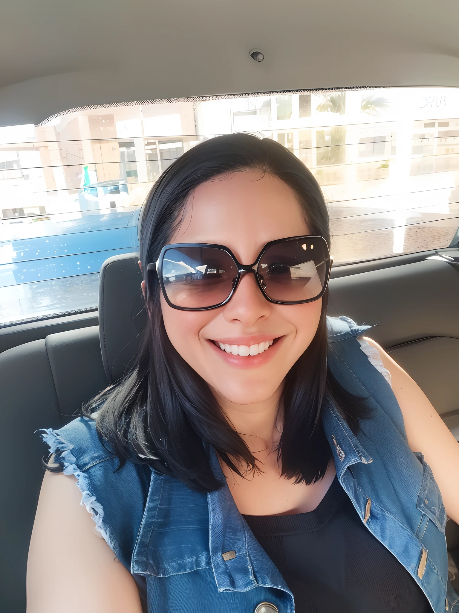 Smiling woman in a car with sunglasses and a denim vest, Alanis Guillen, 38 anos, 3 6 anos, 3 2 anos, Mulher de 30 anos, 3 0 anos de idade mulher, Directed by: Nandor Soldier, (38 anos), Lorena Avarez, 2 9 anos, 2 8 anos
