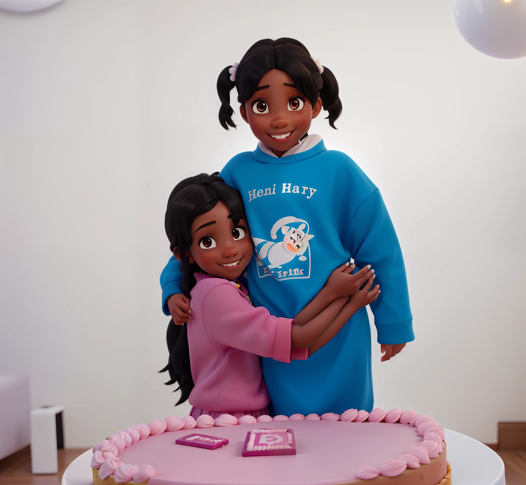 High quality, rich in details, 8-year-old and 4-year-old sisters, black hair, black eyes, birthday party, light brown skin, smiles without showing teeth, light and happy environment, well lit