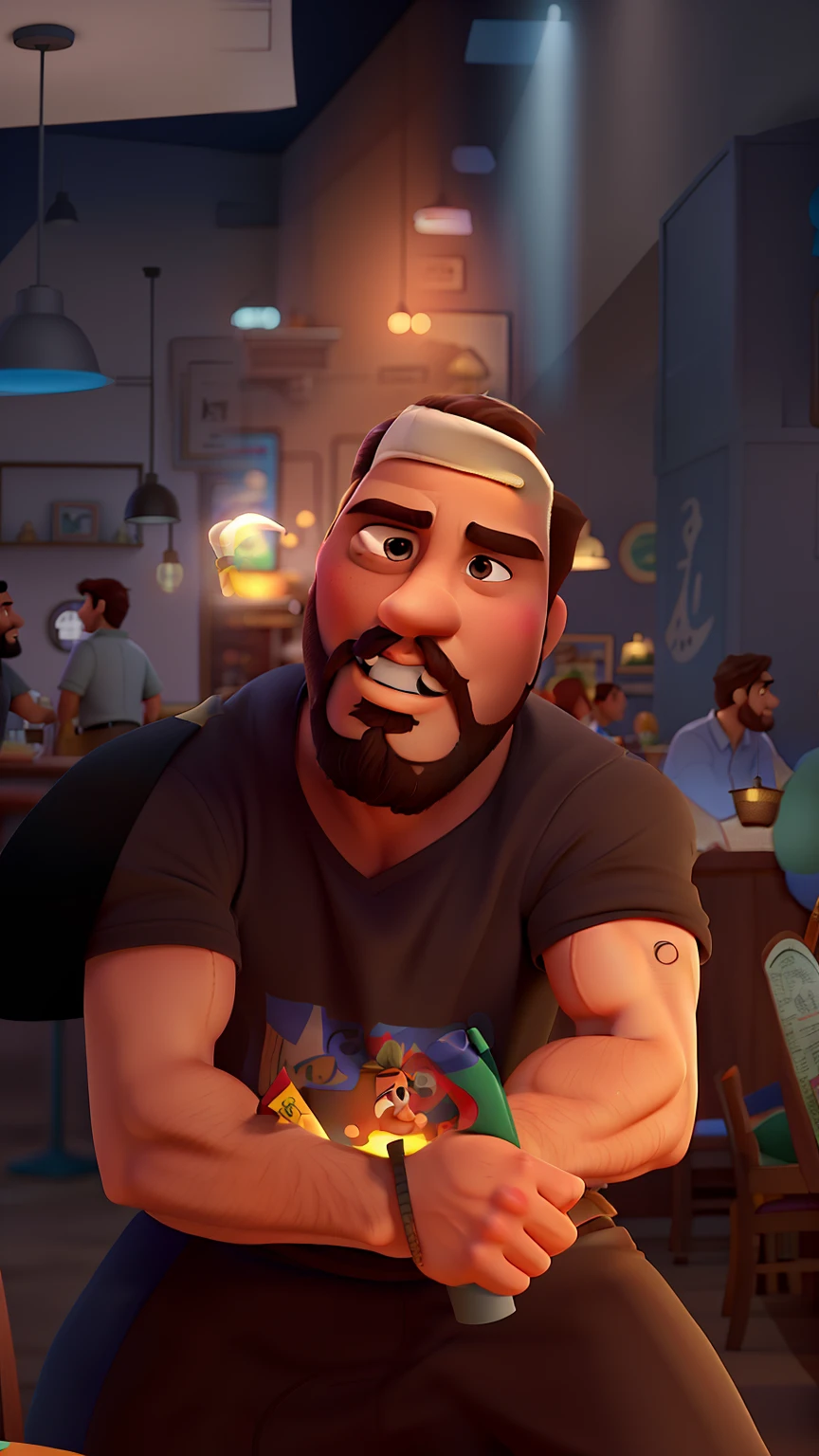 Poster no estilo Disney pixar, alta qualidade, melhor qualidade, homem sexy branco, 30 anos cabelo grisalho barba preta, musculoso, com fundo em um restaurante a luz de velas