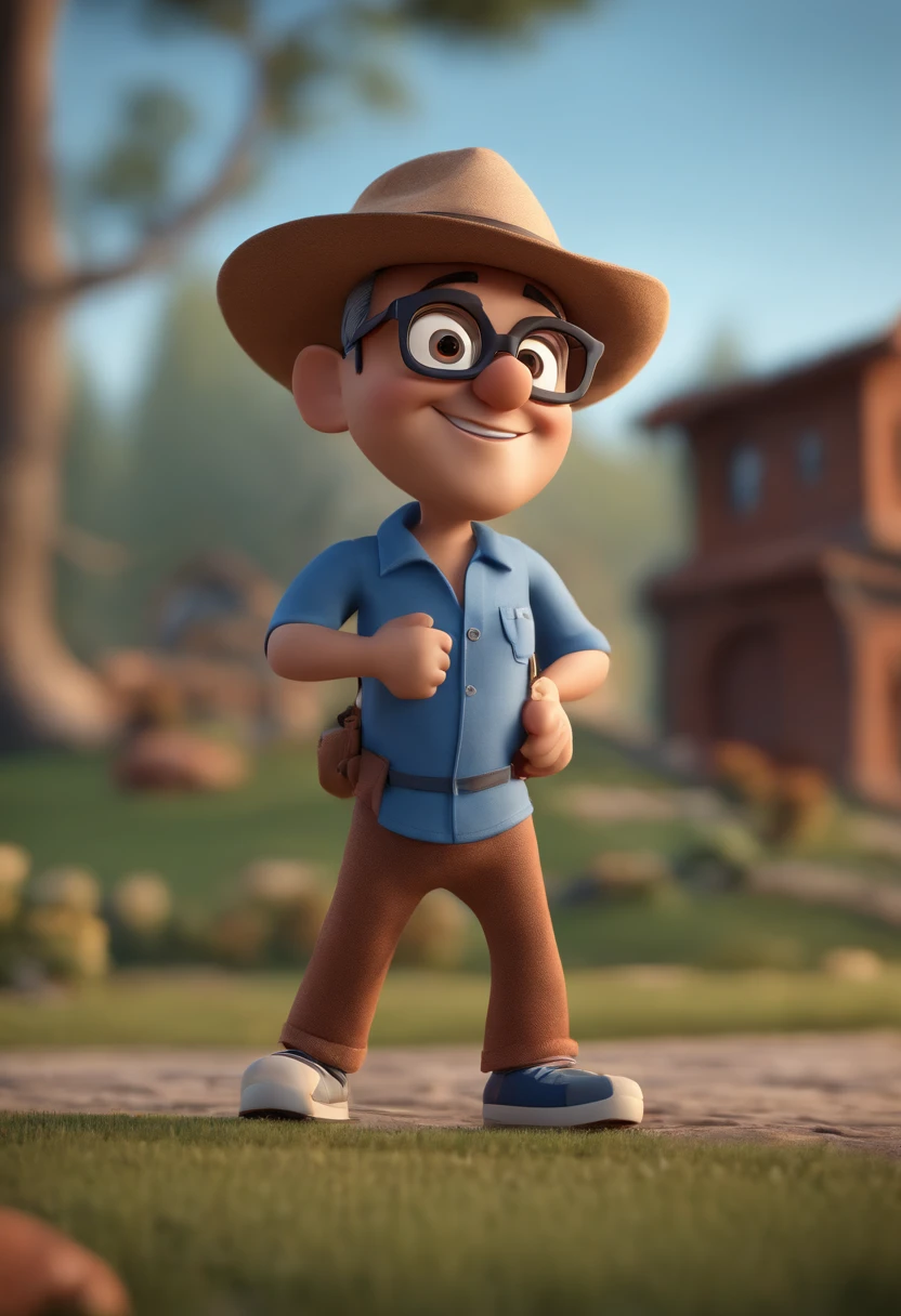 Cartoon character of a man with black glasses and a blue shirt, animation character, Caractere estilizado, animation style rendering, 3D estilizado, Arnold Maya render, 3 d render stylized, toon render keyshot, Personagem 3D, Personagem 3D, 3d rendering stylized, 3 d character render, personagem de desenho animado, Personagem de close up, Pose de personagem, (Estilo Pixar) (master part:1.2) (Bokeh) (best quality) (pele detalhada) (textura detalhada) (8k) (argila) (Cinematic lighting) (foco nítido) homem de 52 anos, sem barba, cabelos com pequenas entradas