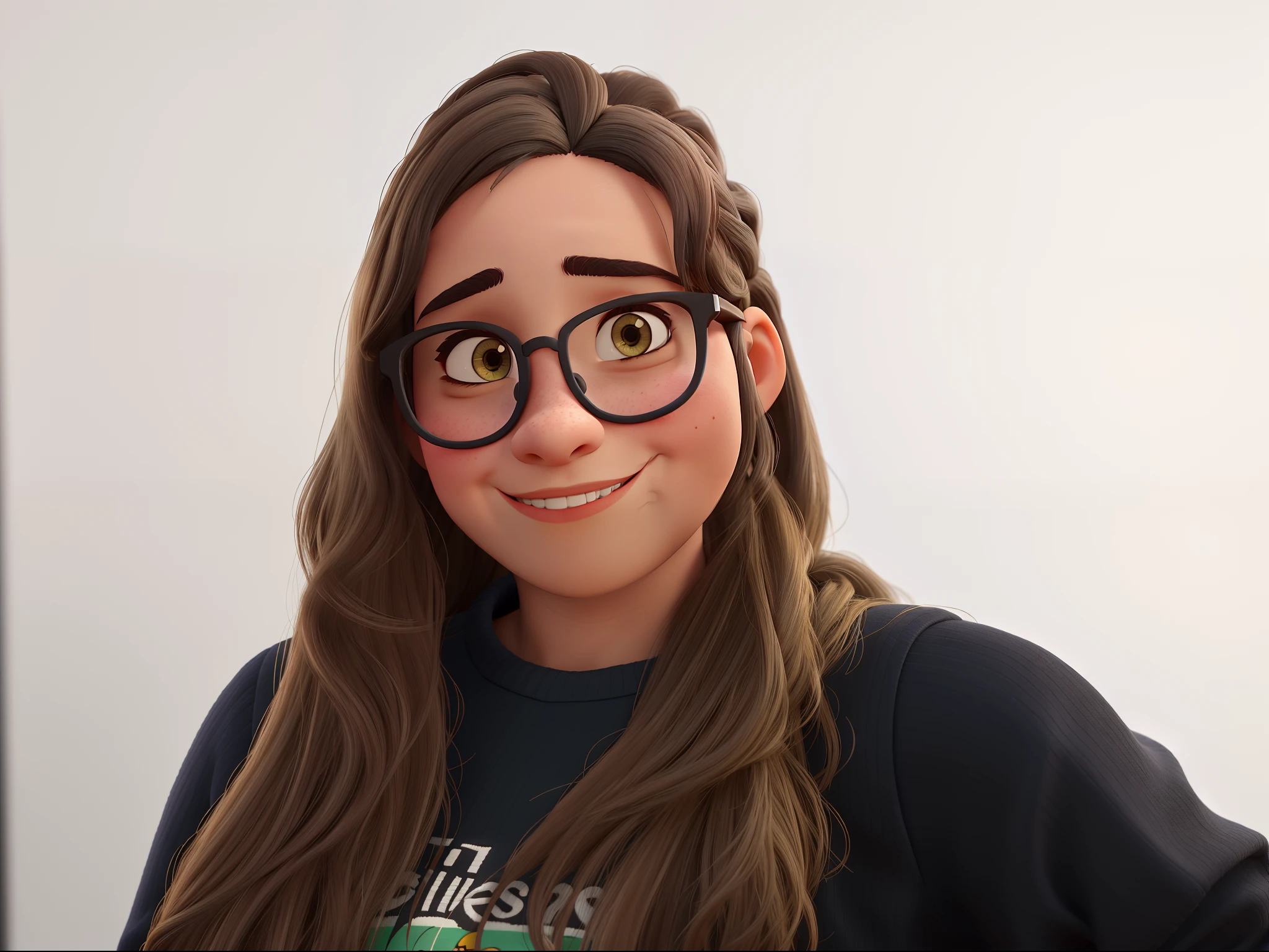 Menina, cabelo loiro longo, olhos castanhos, pele branca, oculos um pouco redondo e preto como personagem pixar