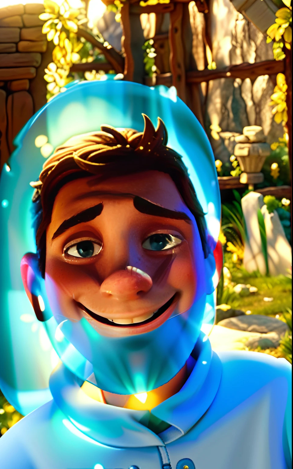 Original art quality, full body picture, Disney character animation style, young and handsome Jesus God, standing posture, hands naturally placed on both sides, looking ahead, gentle expression and smiling, eyes full of light, background light blue, translucent, with light as the theme, the focus of light is on the characters, the overall picture is fresh and bright.