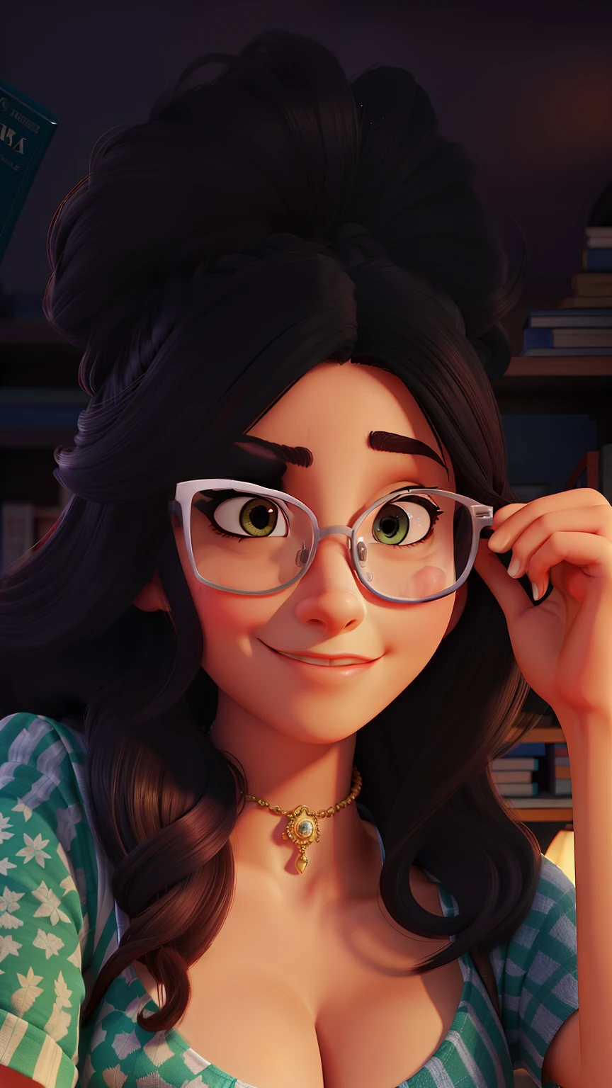 Uma mulher branca, magra, With eye Glasses, com franjinha, cabelo grande liso e castanho, olhos castanhos, parada na frente, usando roupa elegante, segurando o livro orgulho e preconceito, illuminated by the light of a lamp, contra o pano de fundo de uma biblioteca, alta qualidade