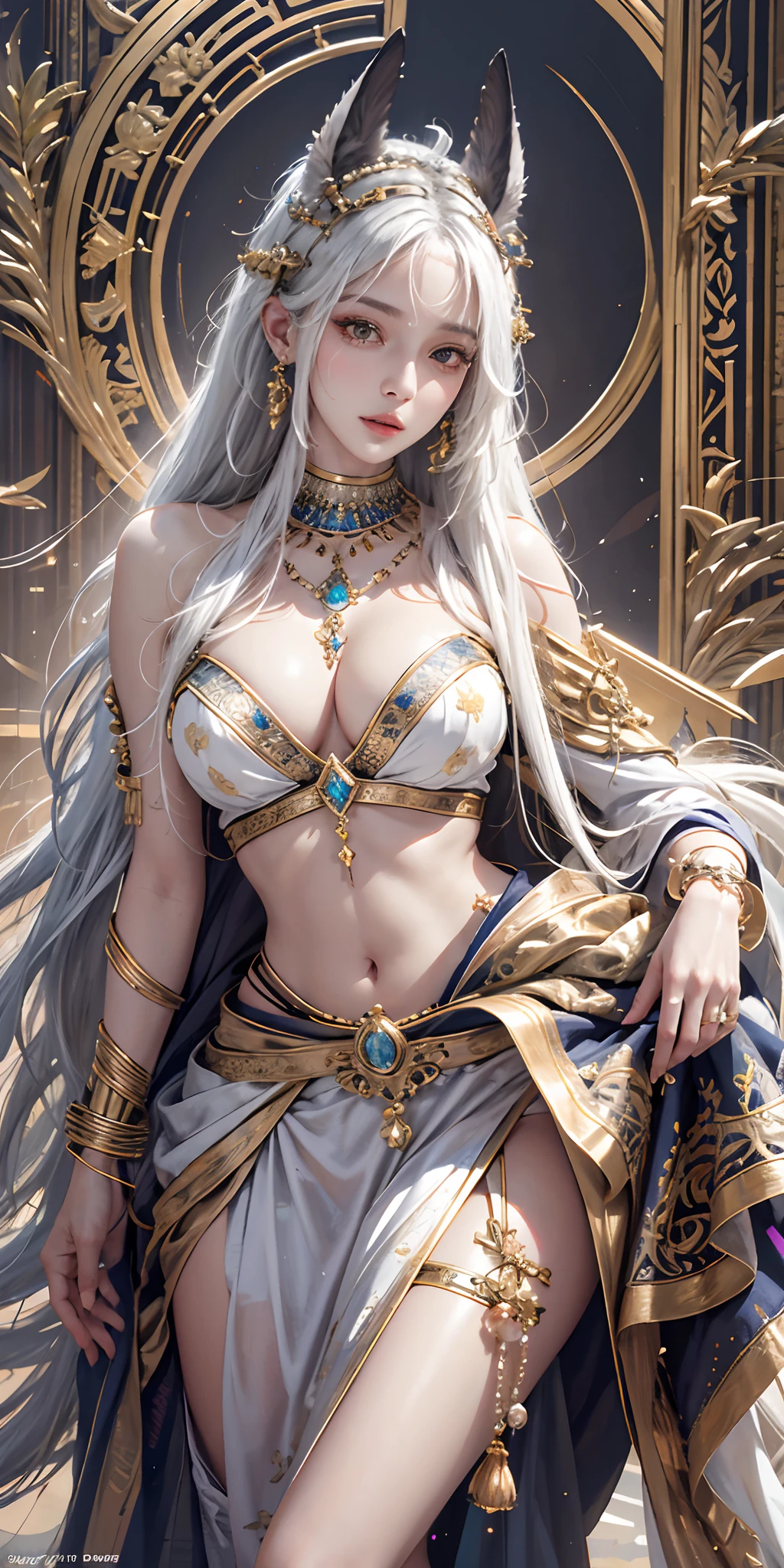 photorealistic, high resolution, soft light,1women, solo, hips up, shining skin, (detailed face), A woman wearing an idol of the god Anubis on her head, jewelry, tattoo, white hair