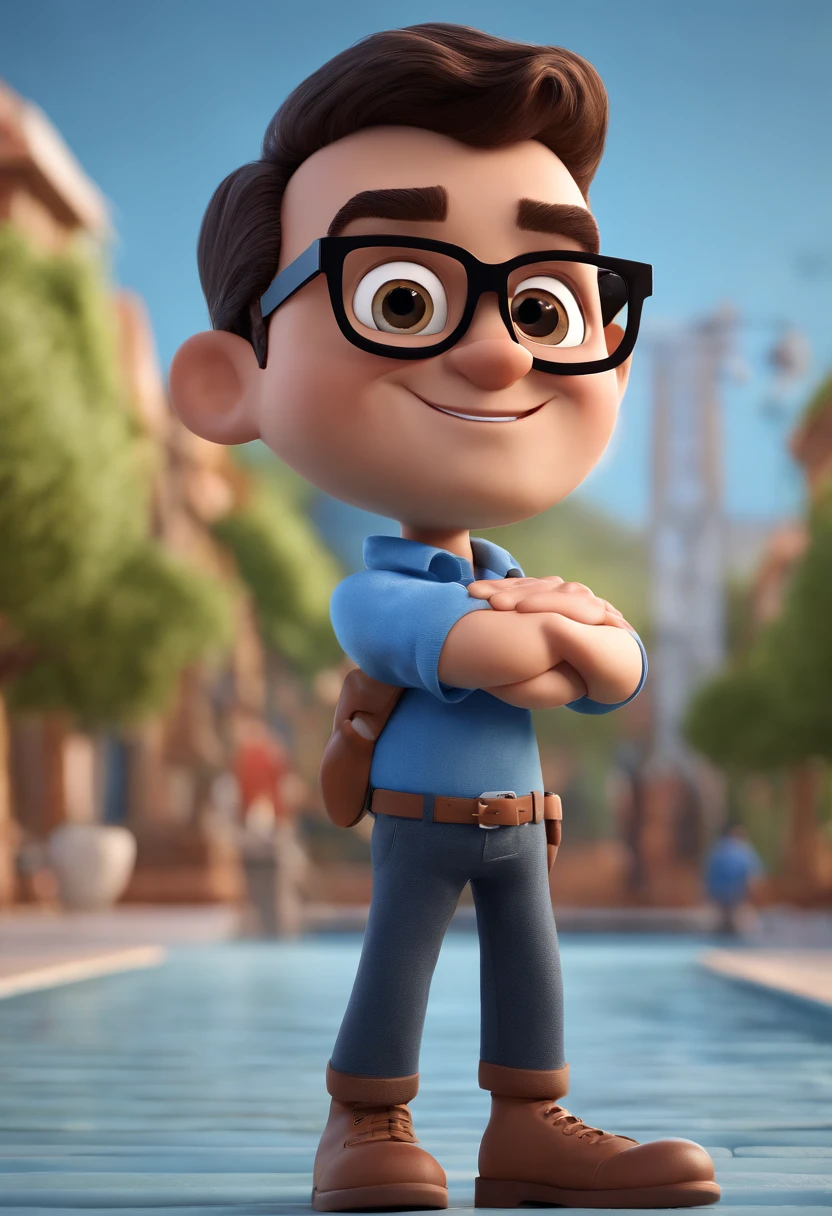 Cartoon character of a man with black glasses and a blue shirt, animation character, Caractere estilizado, animation style rendering, 3D estilizado, Arnold Maya render, 3 d render stylized, toon render keyshot, Personagem 3D, Personagem 3D, 3d rendering stylized, 3 d character render, personagem de desenho animado, Personagem de close up, Pose de personagem, (Estilo Pixar) (master part:1.2) (Bokeh) (best quality) (pele detalhada) (textura detalhada) (8k) (argila) (Cinematic lighting) (foco nítido
