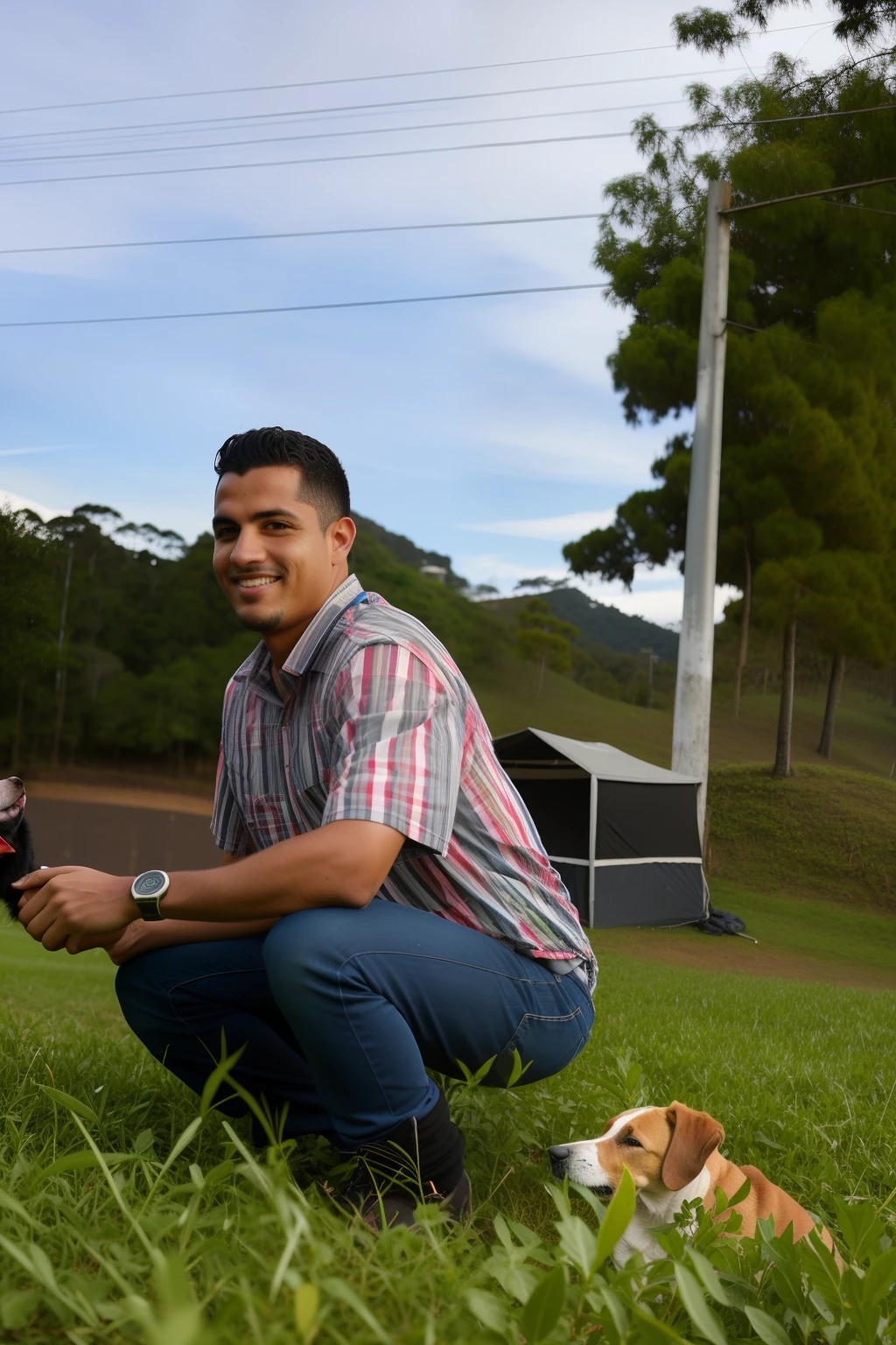 Homem sentado em um campo com um cachorro e um taco de beisebol, andres rios, sentado em um campo, Retrato no meio da foto, Cristiano Orrillo, José Moncada, sitting on ground, Foto realista, Tomada com Canon 8 0 D, Tirado com uma Canon EOS 5 D, Tirada com uma Canon EOS 5D, em um campo gramado