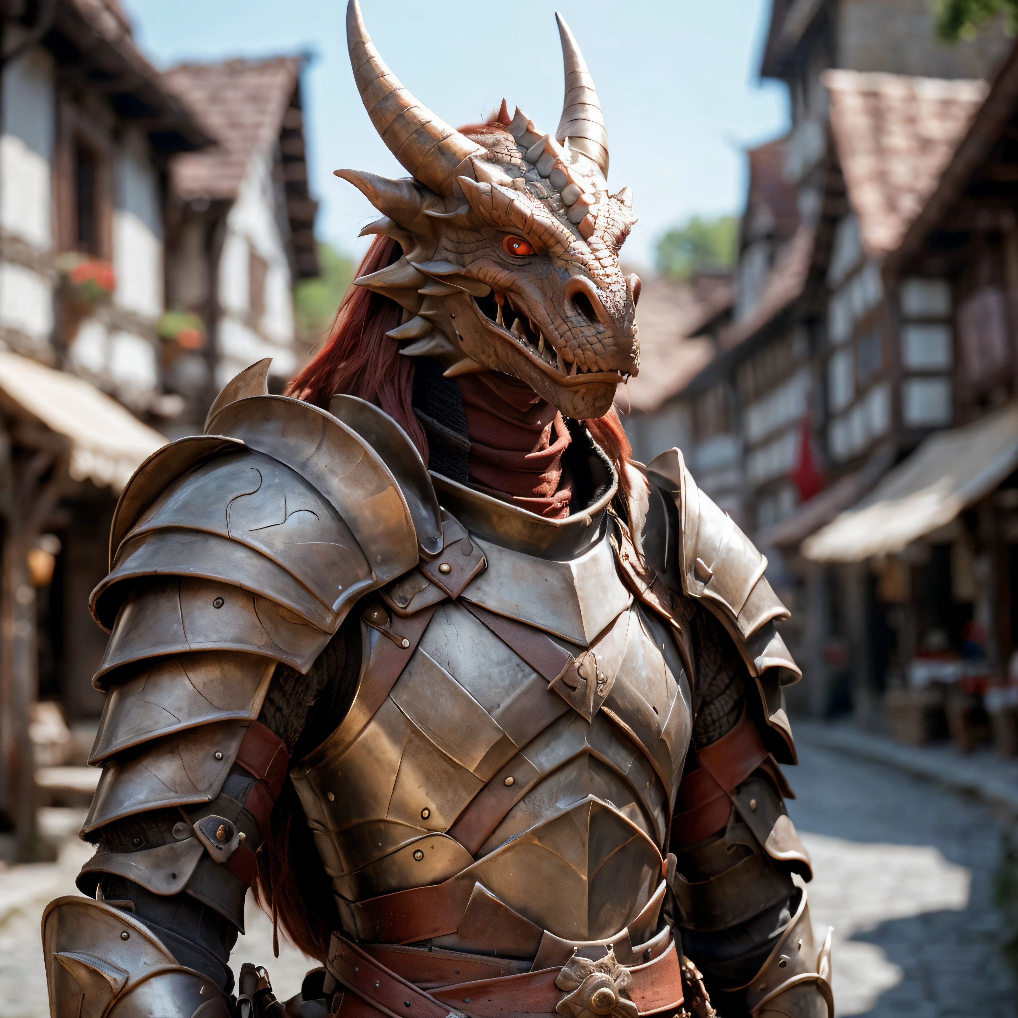 highly detailed portrait photo of a (dragonkin):1.2 on a medieval street in a village,
dragonkin, solo, long hair, red eyes, weapon, male focus, horns, sword, armor, blurry, blurry background, helmet, shoulder armor, gauntlets, pauldrons, full armor,
medieval town with peasants,
depth of field:1.2, blurry, blurry background,
realistic:1.3,
photorealistic,
fantasy, cinematic,
32k, best quality,
god rays:1.2,
dappled sunlight:1.1,