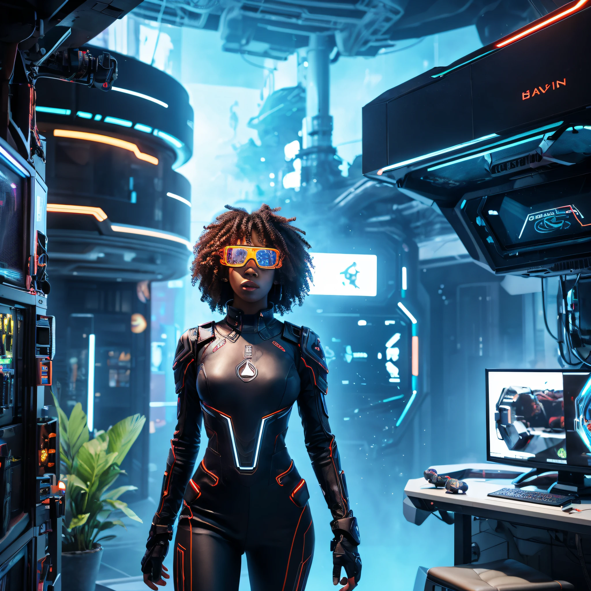 In the scene of a gamer scenario in 2080, a black woman with curly hair, wearing augmented reality glasses, is portrayed in its entirety. It stands out immersed in a futuristic and high-tech environment, full of elements from an advanced virtual reality gaming world. Her look and interaction with the environment convey a powerful and confident image, showing her as an active and involved player in the gaming world of the future.