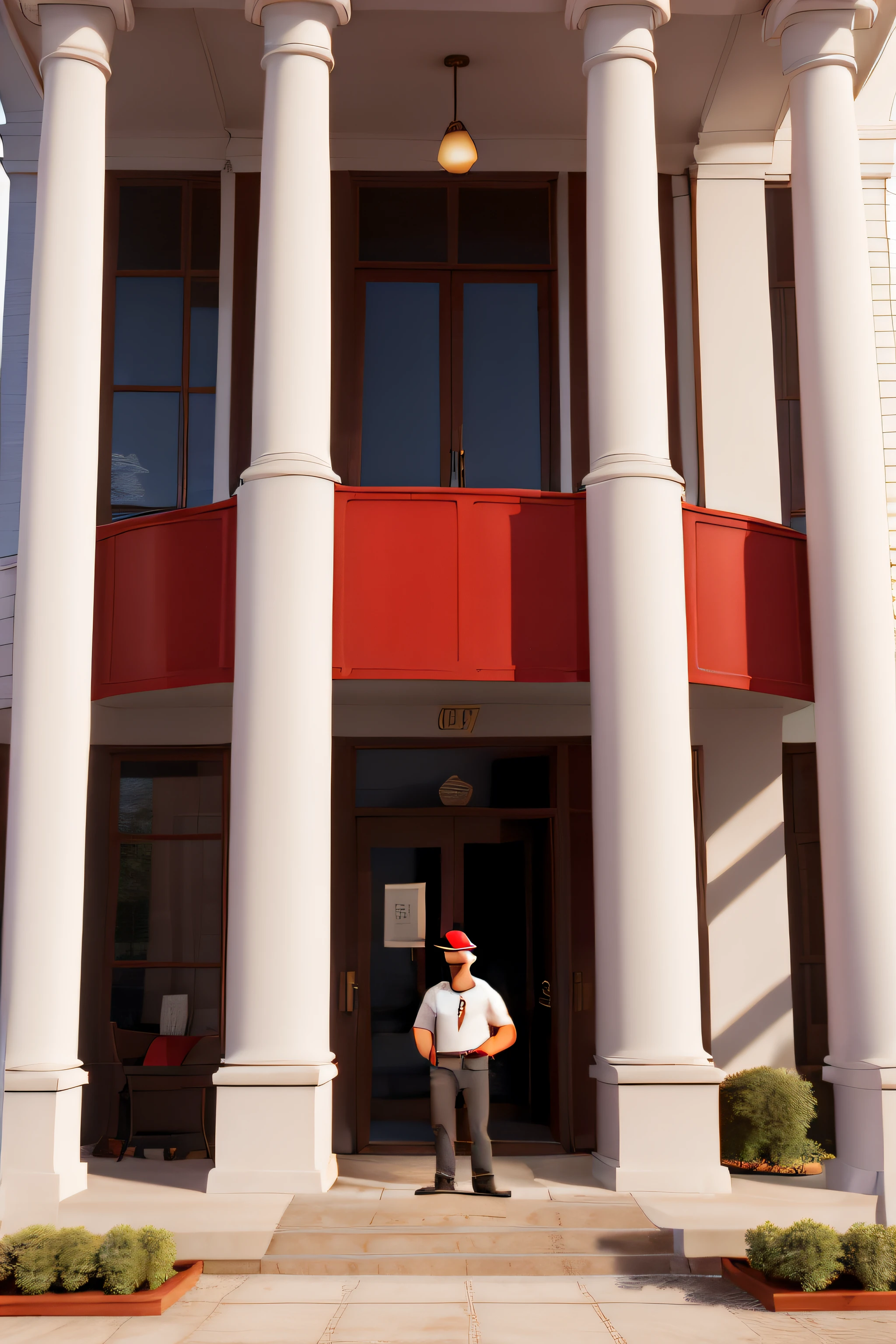 frente de uma empresa financeira em vermelho e branco com 1floor, com Homem, de terno, majo, baixinho, in a red cap, with your hands in your pockets