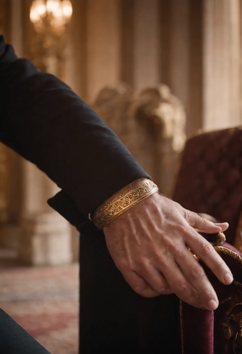 Image of a hand on the arm of a throne, matching king and in the background some blurred guitars