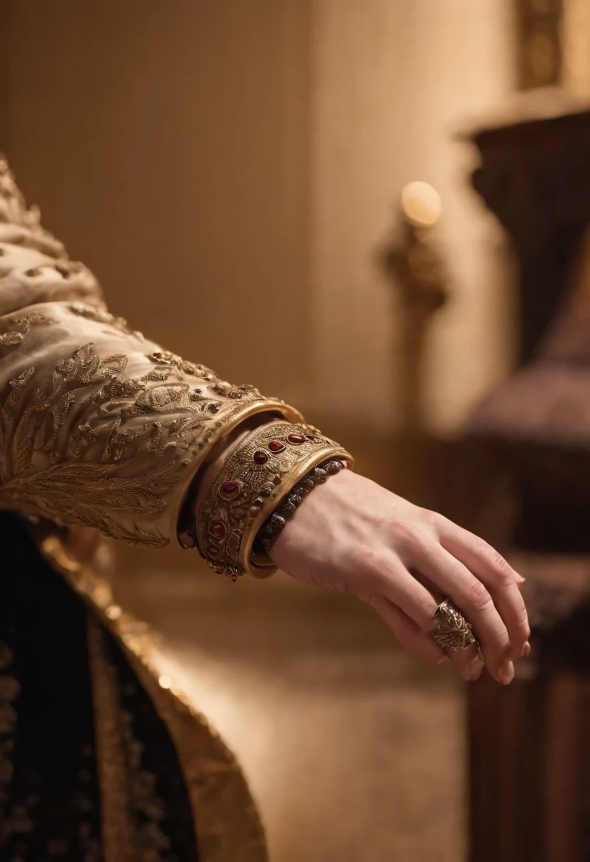 Image of a hand on the arm of a throne, matching king and in the background some blurred guitars