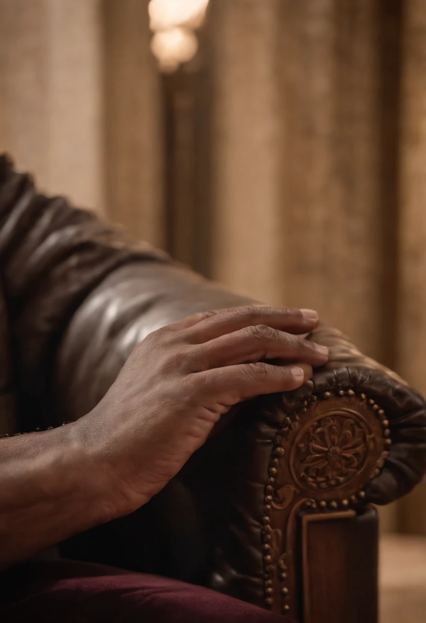 Image of a hand on the arm of a throne, matching king and in the background some blurred guitars
