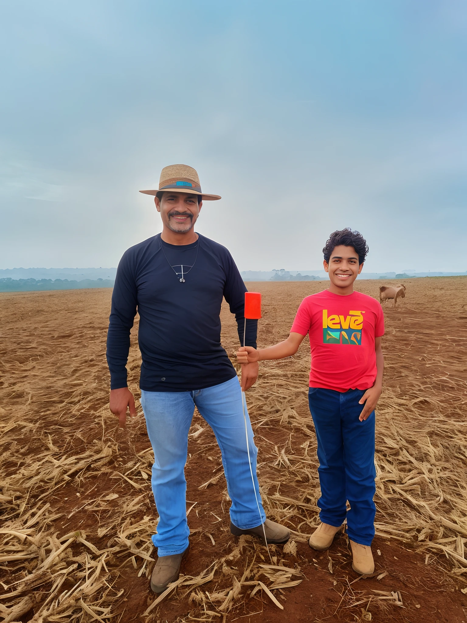 a man standing in front of a large tree in a field with cows in the background, homem branco de 78 anos, cabelos curtinho, com aldeia, no campo, belos arredores, pai e filho brasileiro, pastoral, em uma fazenda, rural, com cavalo conduzido, farm land, amazon indian peoples in brazil, imagem de perfil, fazendeiro, homens e gado, detalhes ultra realista, intricado, 4k