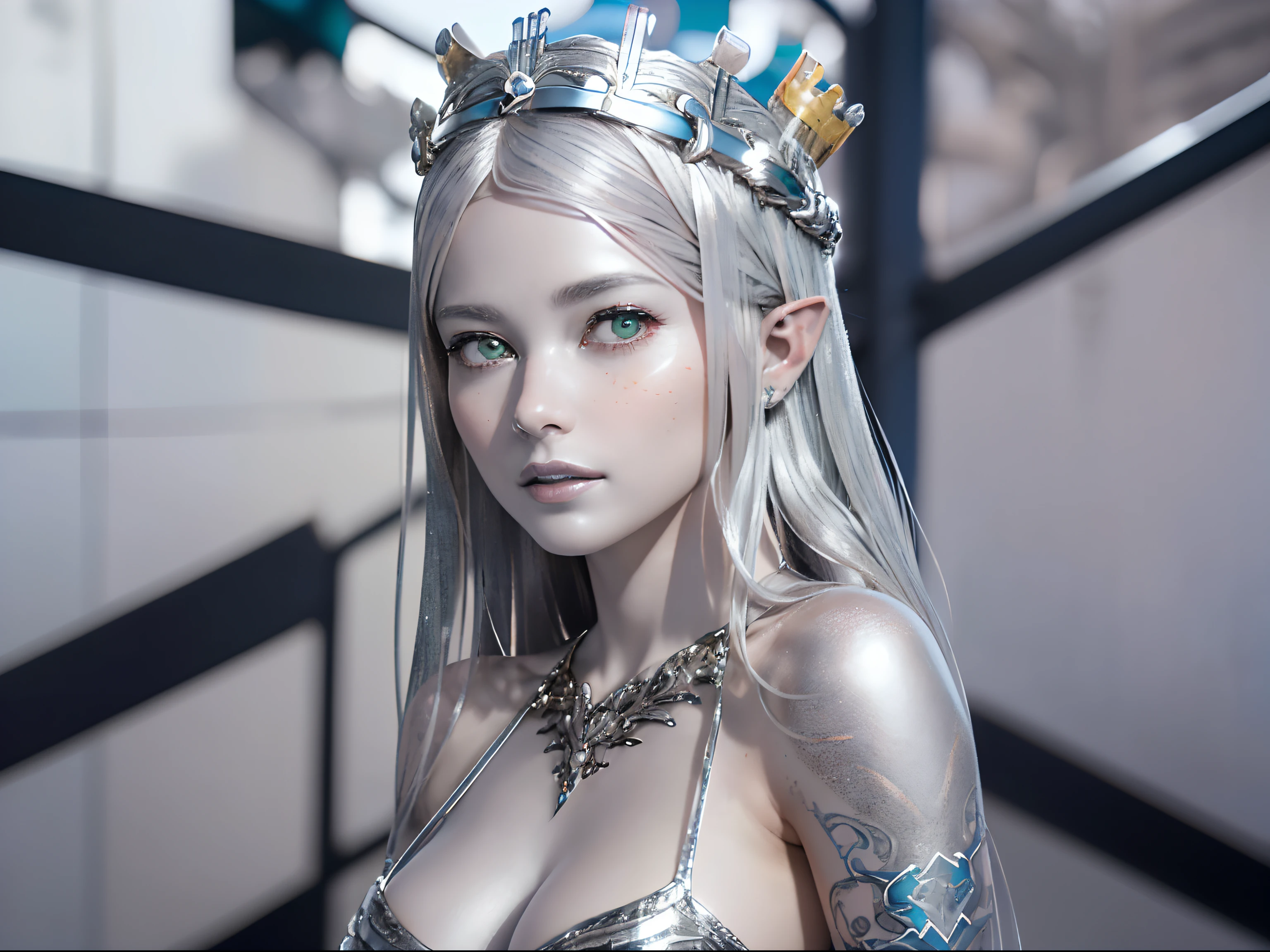 Ultra-detailed complex 3D rendering of the face, (masterpiece, top quality, octane rendering,), glamour shots full body image, very beautiful young elves, cleavage, (highly detailed skin: 1.2), (exposure: 1.1), ((blue micro bikini: 1.95)))). , 8k, (((very soft breasts)), (((conspicuous large pink areola)), beautiful Caucasian woman with white skin with full soft breasts with big buttocks, one, long braided hair, big breasts, dynamic angles, (((huge breasts: 2.4)), ultra-realistic photos, ((((((silver hair)))), futuristic urban background, facial muscles, (((((detailed and glamorous silver crown)))), In the style of Marvel Comics, ArtStation Trends, Clear Focus, Intricate Details, Very Detailed, Detailed Green Eyes, Sharp Focus, Digital Rendering, Professional, Abs, Lip Gloss, Glossy Skin, Sexy Pose, Golden Tattoo All Over Body, Silver Pattern All Over Body, Silver Lame Skin, Gold Glitter Skin, Mansuji, Buttocks, Jeweled All Over the Body, with silver scales, silver hair,