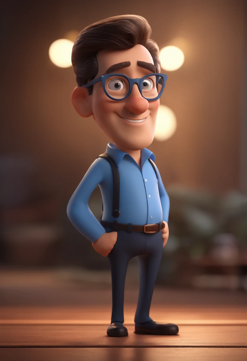Cartoon character of a man with black glasses and a blue shirt, animation character, Caractere estilizado, animation style rendering, 3D estilizado, Arnold Maya render, 3 d render stylized, toon render keyshot, Personagem 3D, Personagem 3D, 3d rendering stylized, 3 d character render, personagem de desenho animado, Personagem de close up, Pose de personagem, (Estilo Pixar) (master part:1.2) (Bokeh) (best quality) (pele detalhada) (textura detalhada) (8k) (argila) (Cinematic lighting) (foco nítido